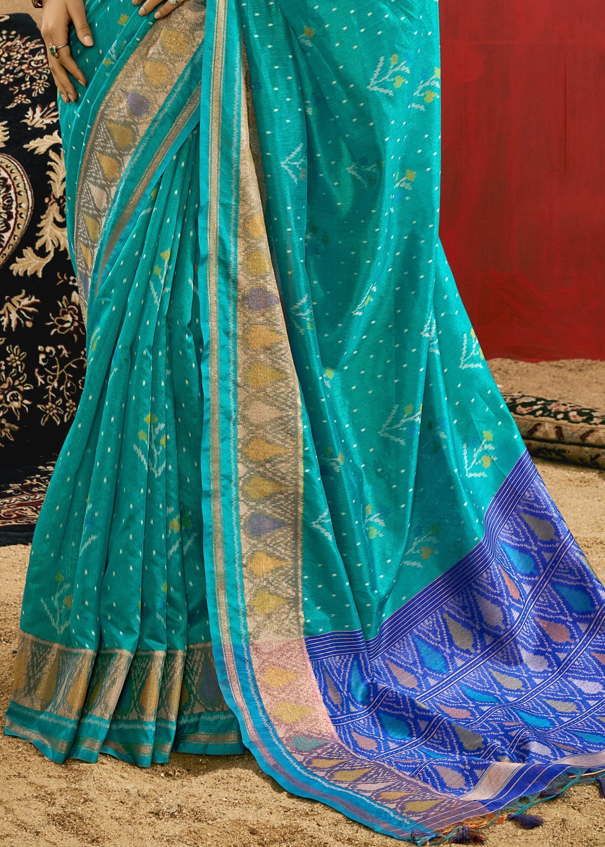 Aqua Green Patola Handloom Weaving Silk Saree - qivii