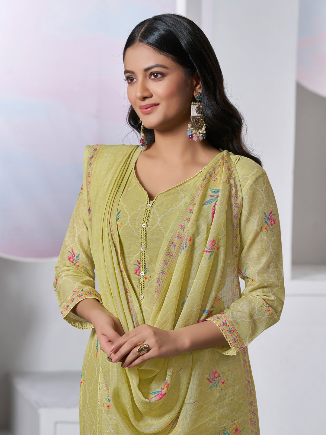 OLIVE PRINTED WITH LACE WORK STRAIGHT KURTA WITH DYED TROUSERS AND PRINTED DUPATTA