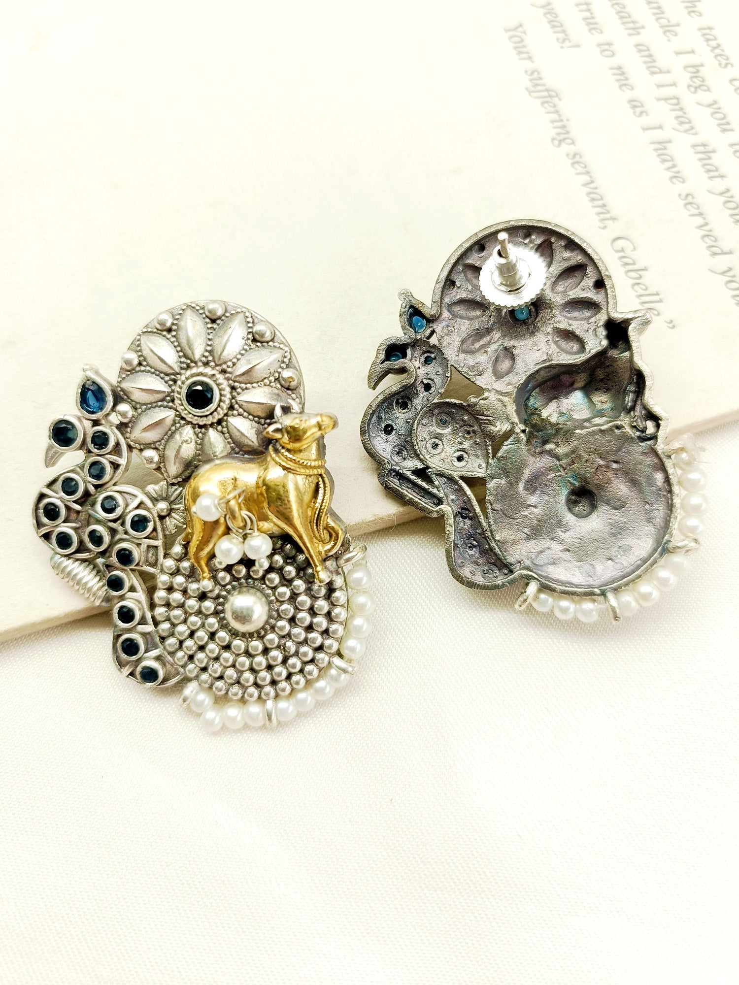 Jarul Navy Blue Cow Oxidized Earrings - qivii