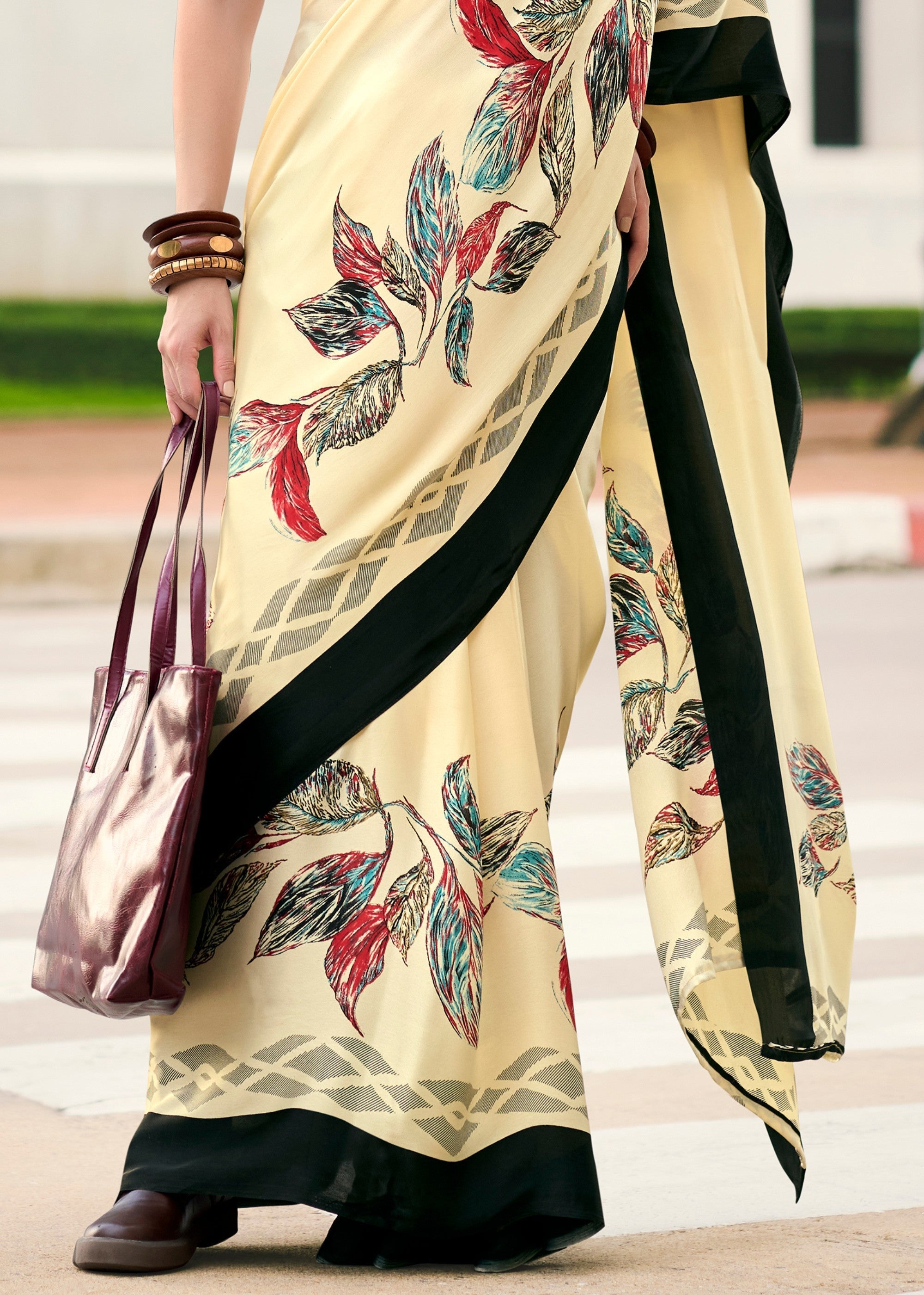 Blonde Yellow Printed Satin Silk Saree - qivii