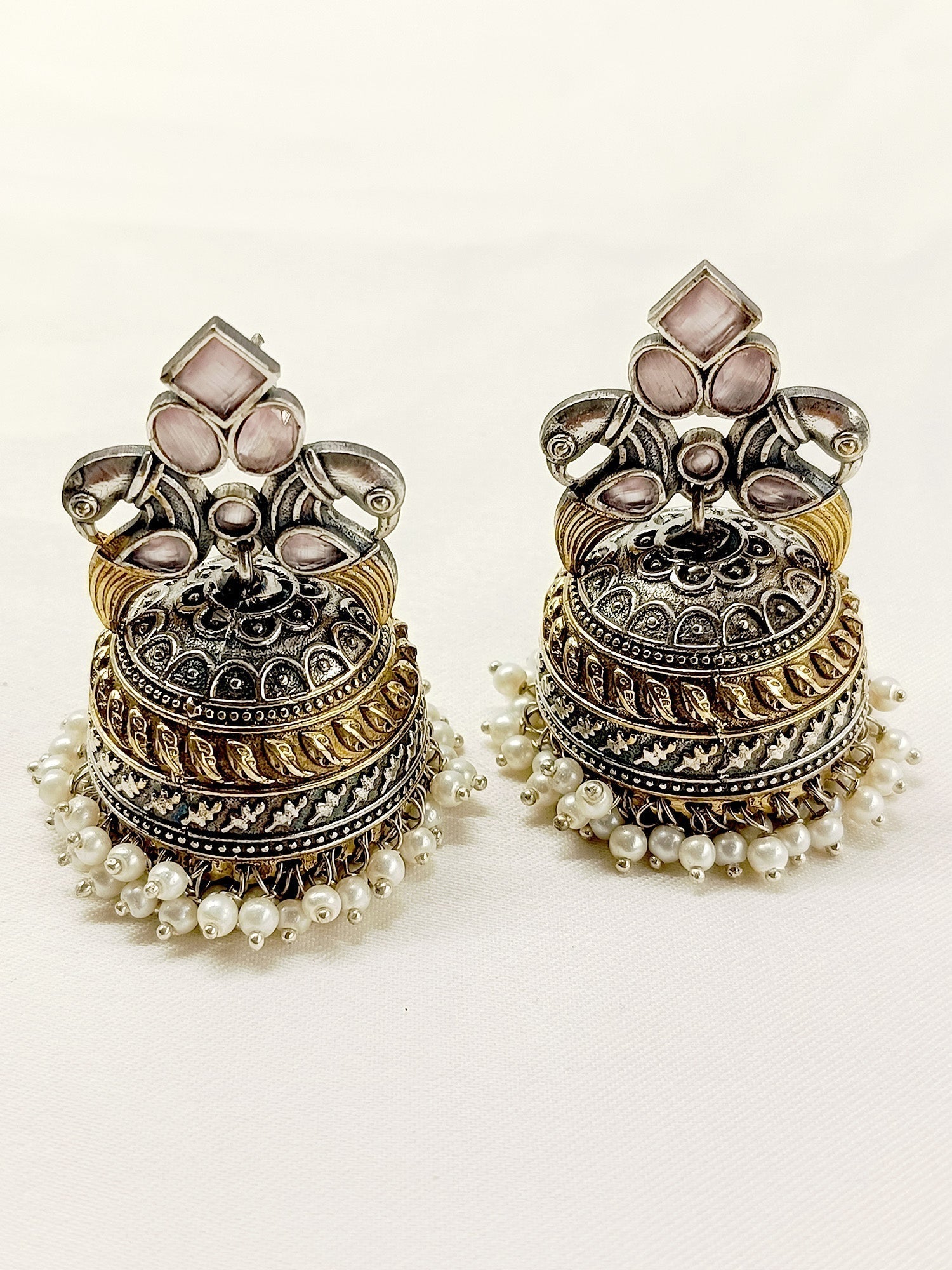 Maryam Baby Pink Peacock Oxidized Jhumki - qivii