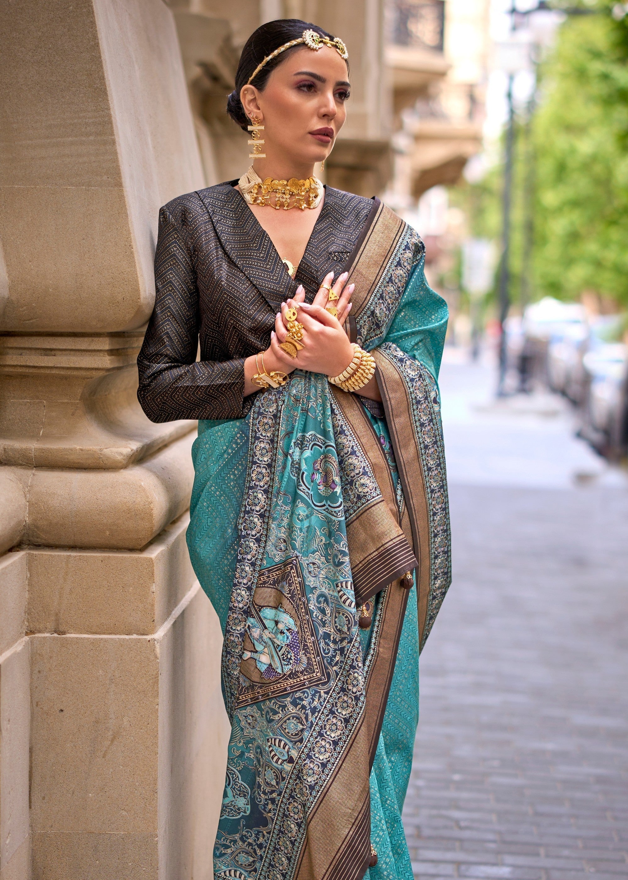 Sapphire Blue Poly Viscose Silk Saree With Foil Print - qivii