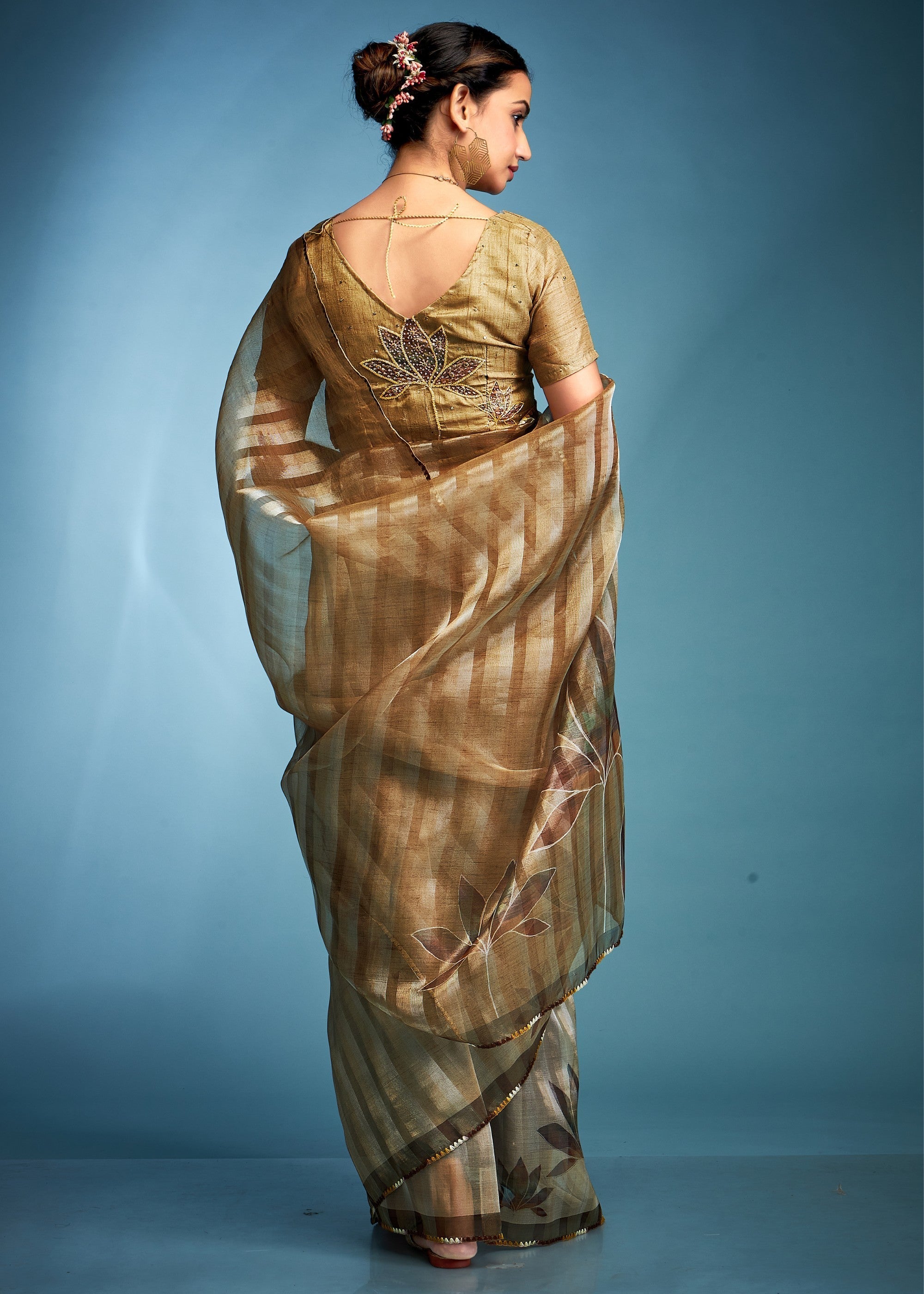 Olive Green Tissue Silk Saree With Floral Print - qivii