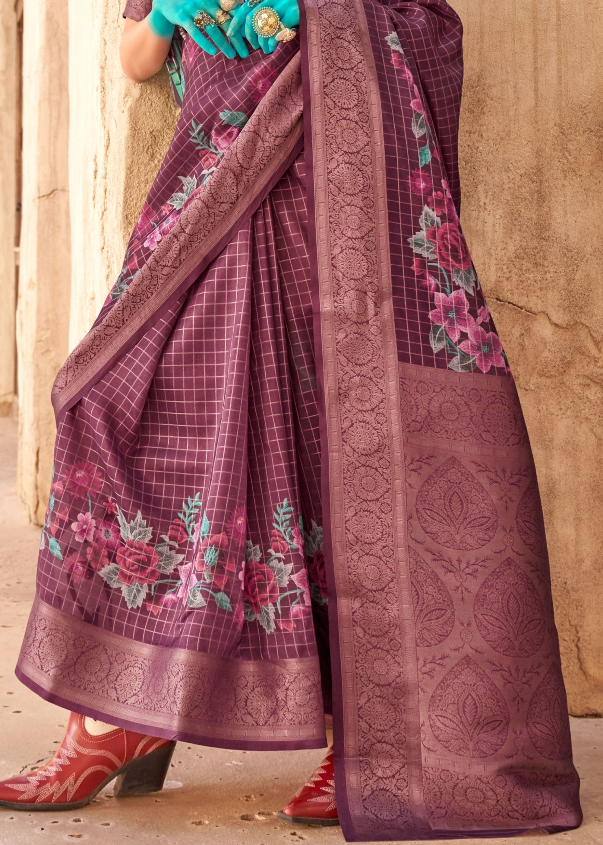 Mulberry Printed Handloom Georgette Saree - qivii