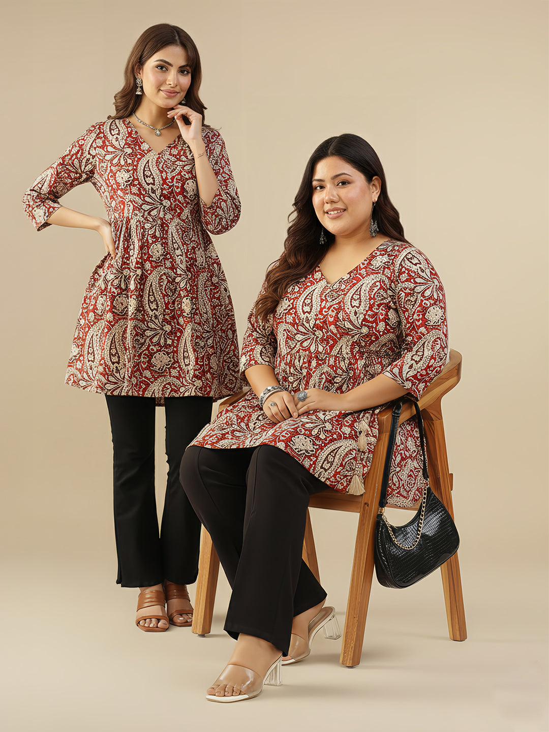 Maroon Pure Cotton Paisley Printed A-line Tunic - qivii