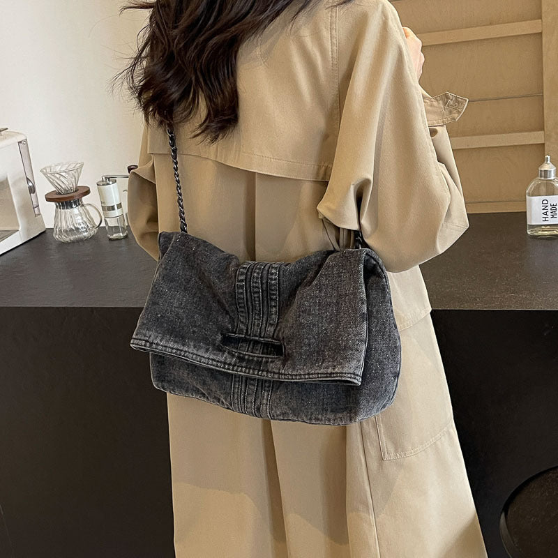 Women's Vintage Denim Tote Bag with Chain Strap – Structured Large-Capacity Crossbody & Shoulder Bag