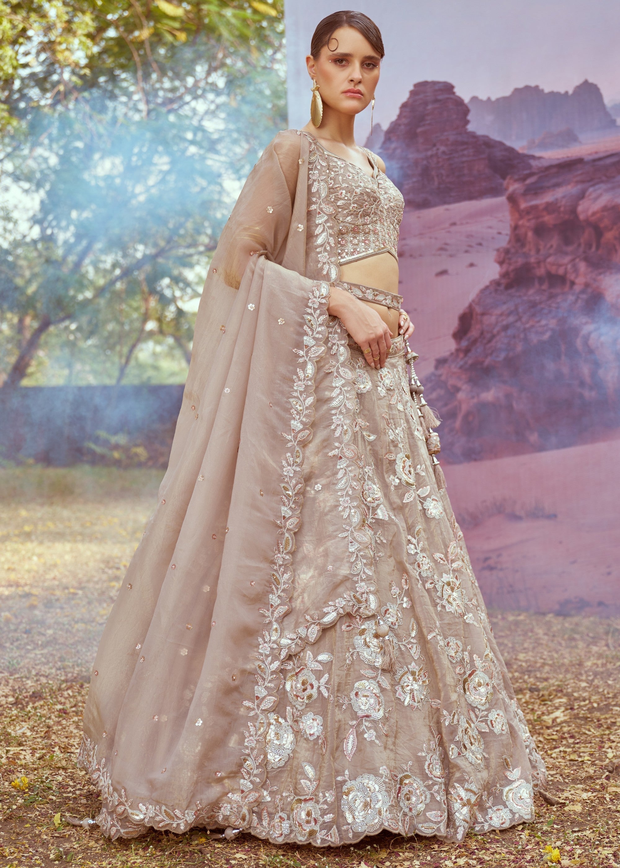 Beige Organza Sequins embroidery Lehenga | Ready To Wear - qivii