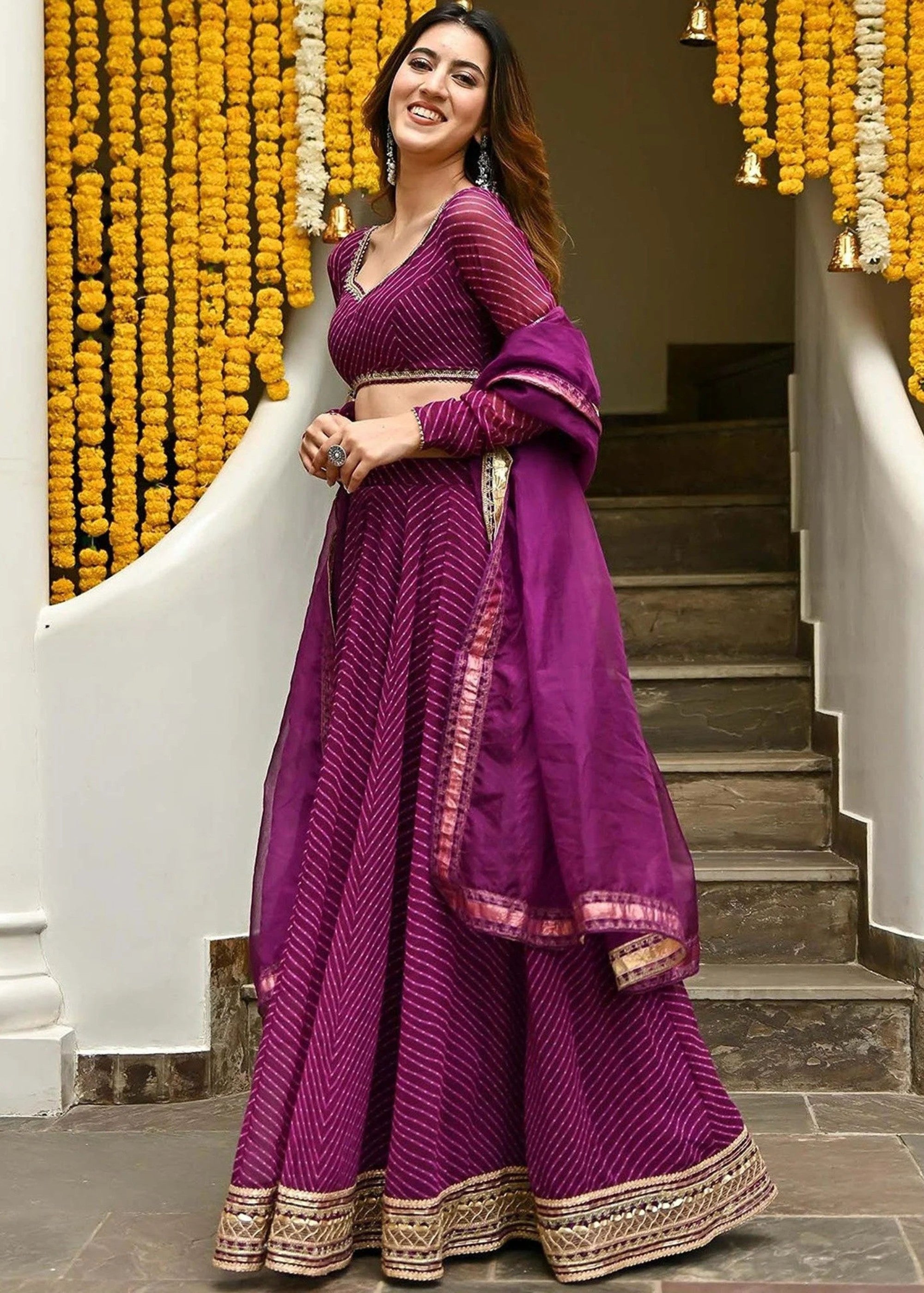 Grape Purple Georgette Leheriya Print Lehenga With Zari And Lace Work | Ready To Wear - qivii