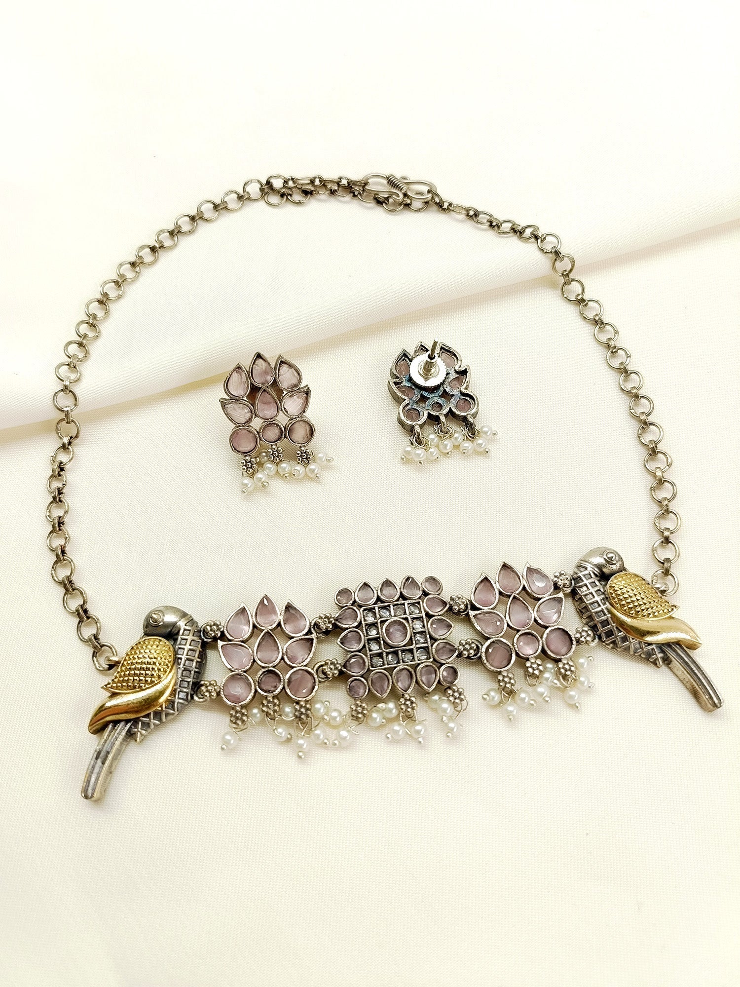 Rish Baby Pink Peacock Oxidized Choker Set - qivii