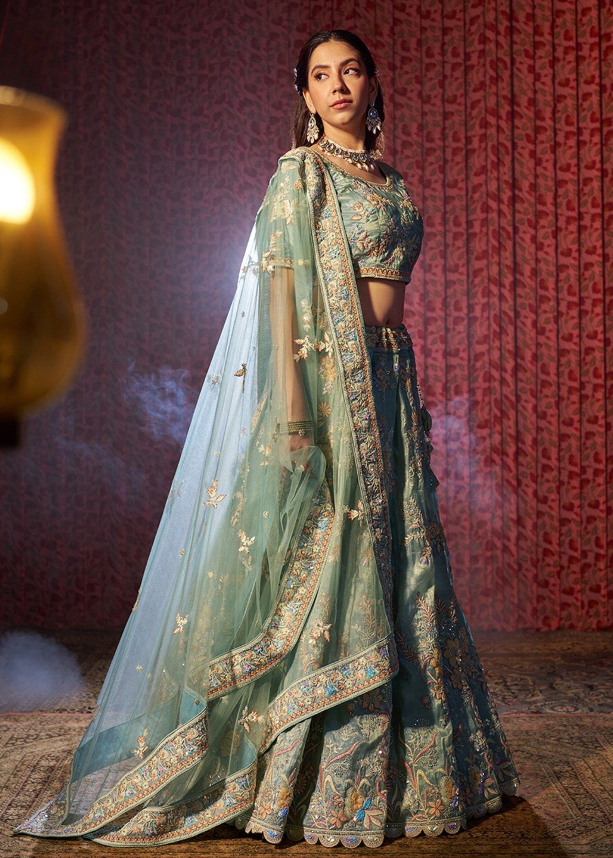 Torquise Dori Sequins Thread work Organza Lehenga | Ready To Wear - qivii