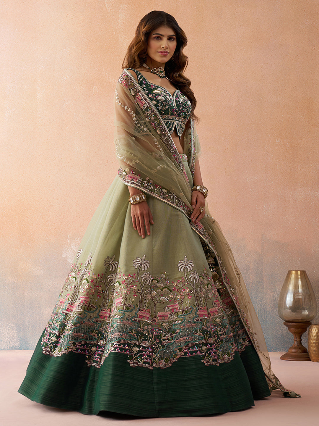 Ombre Green and Lime green Net Sequins Embroidered Lehenga Set