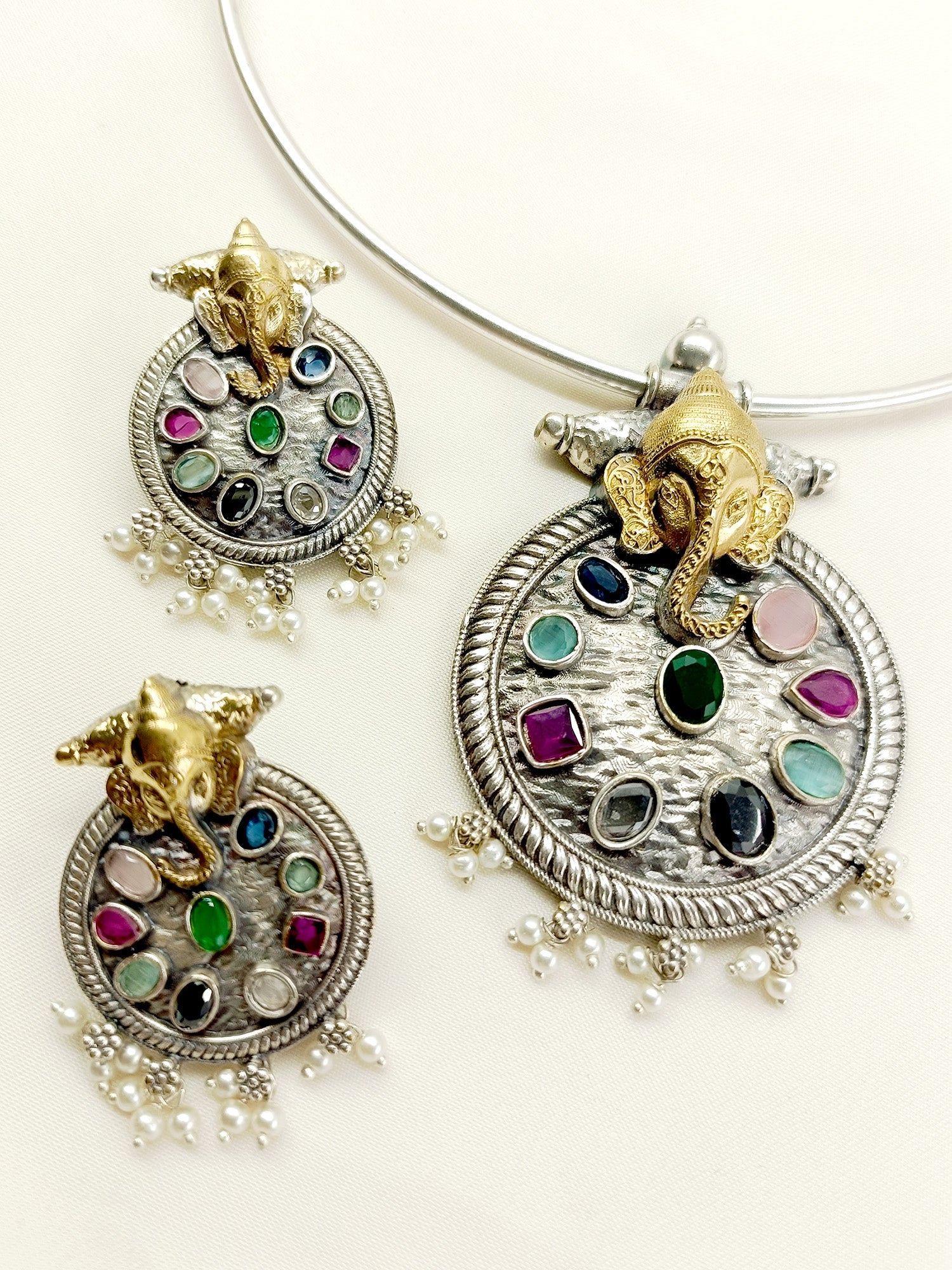 Trilochana Multi Colour Ganesh Ji Oxidized Hasli Style Necklace Set