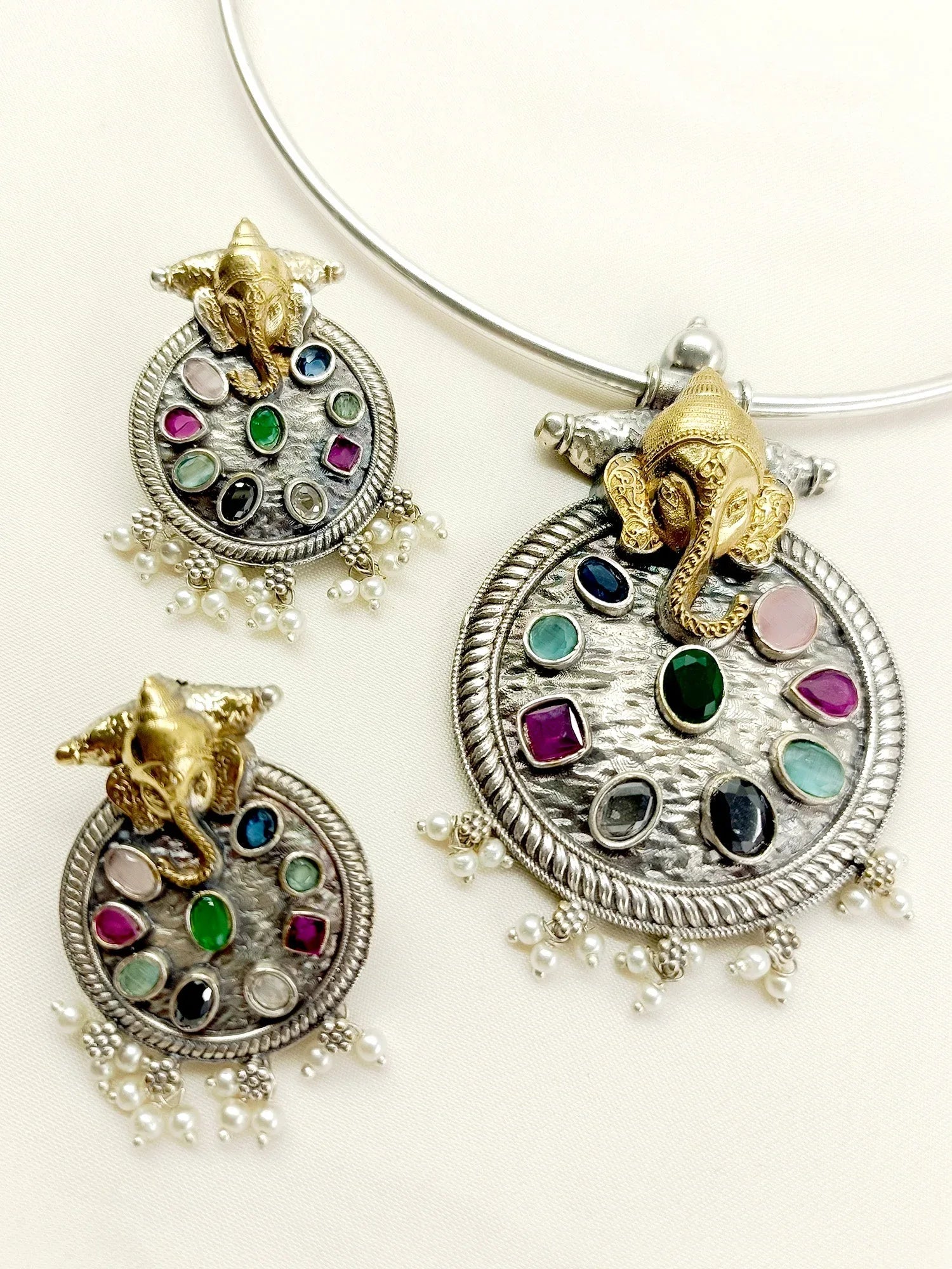 Trilochana Multi Colour Ganesh Ji Oxidized Hasli Style Necklace Set