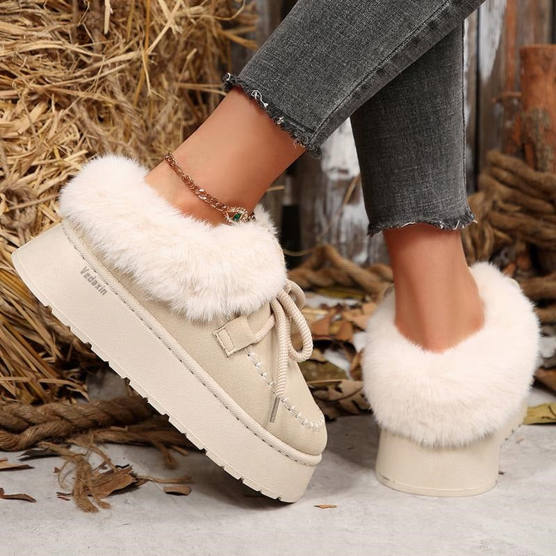 Women's FrostHaven faux fur-lined winter shoes by Bootara, suede lace-up moccasins in US sizes 5.5 to 10.5, showing close-up detail.