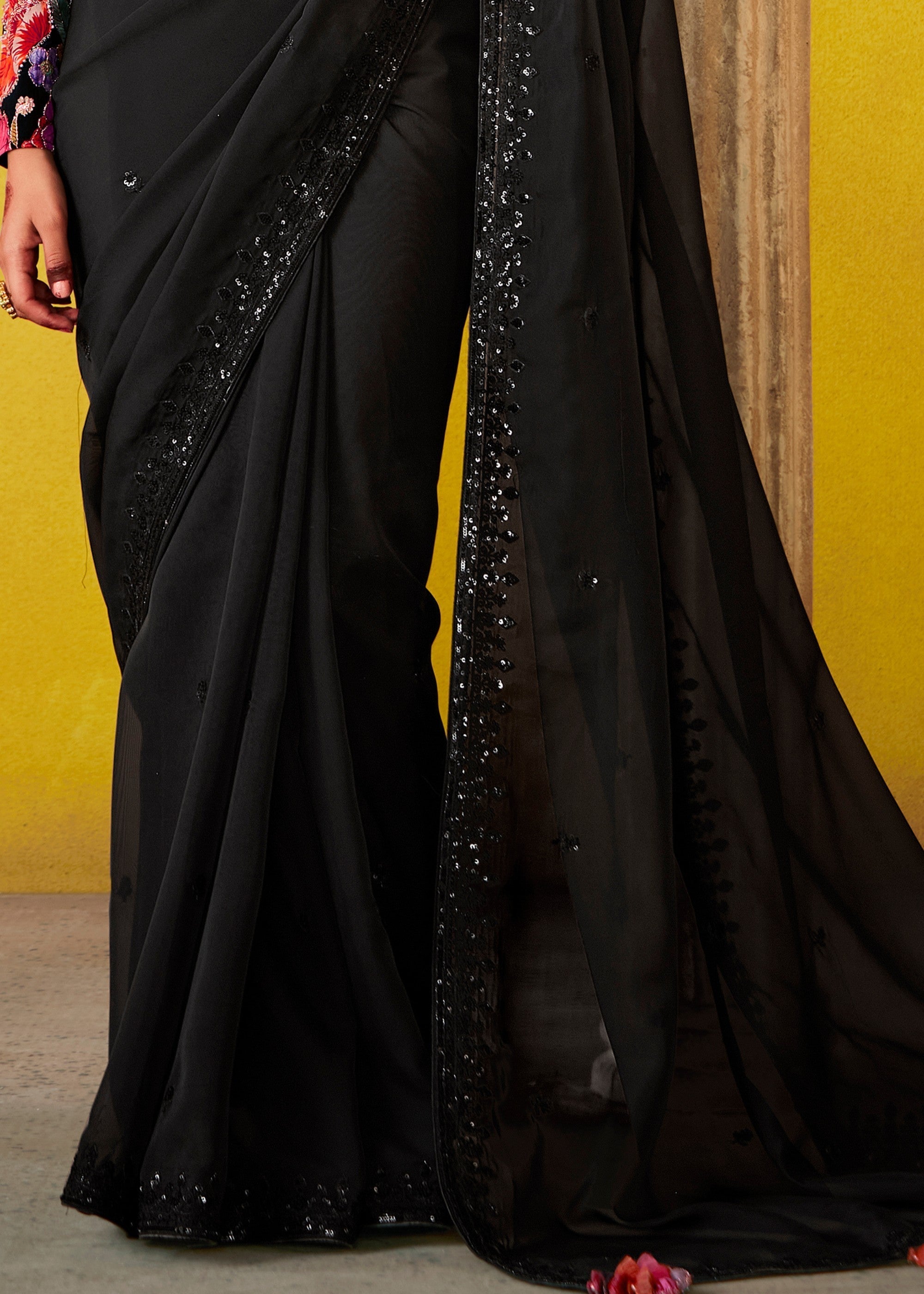 Ink Black Glass Tissue Silk Saree With Sequins And Thread Embroidered Work - qivii
