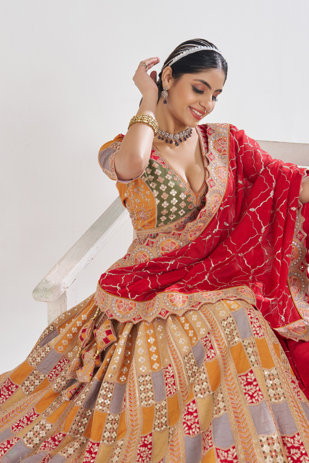 Mustard Party Wear Lehenga with Zari & Sequins Work - qivii