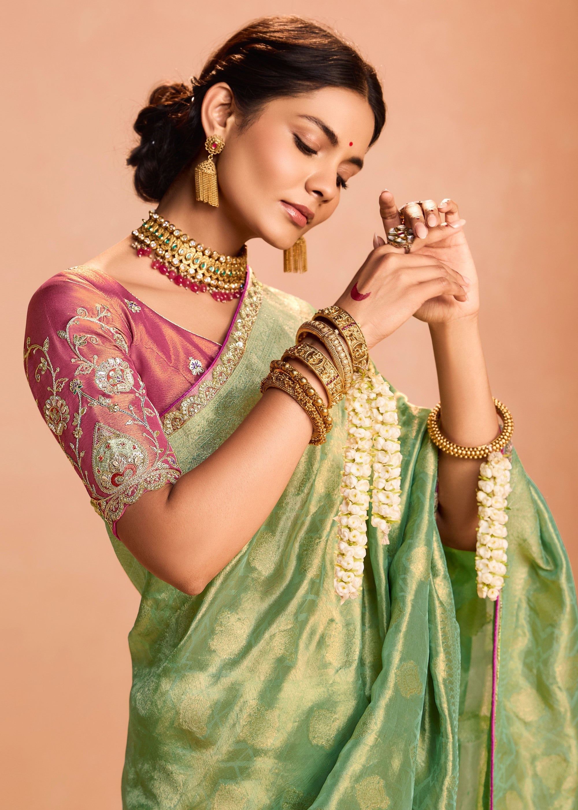 Pastel Green Zari Tissue Silk Saree With Weaving Work And Heavy Embroidery Lace - qivii