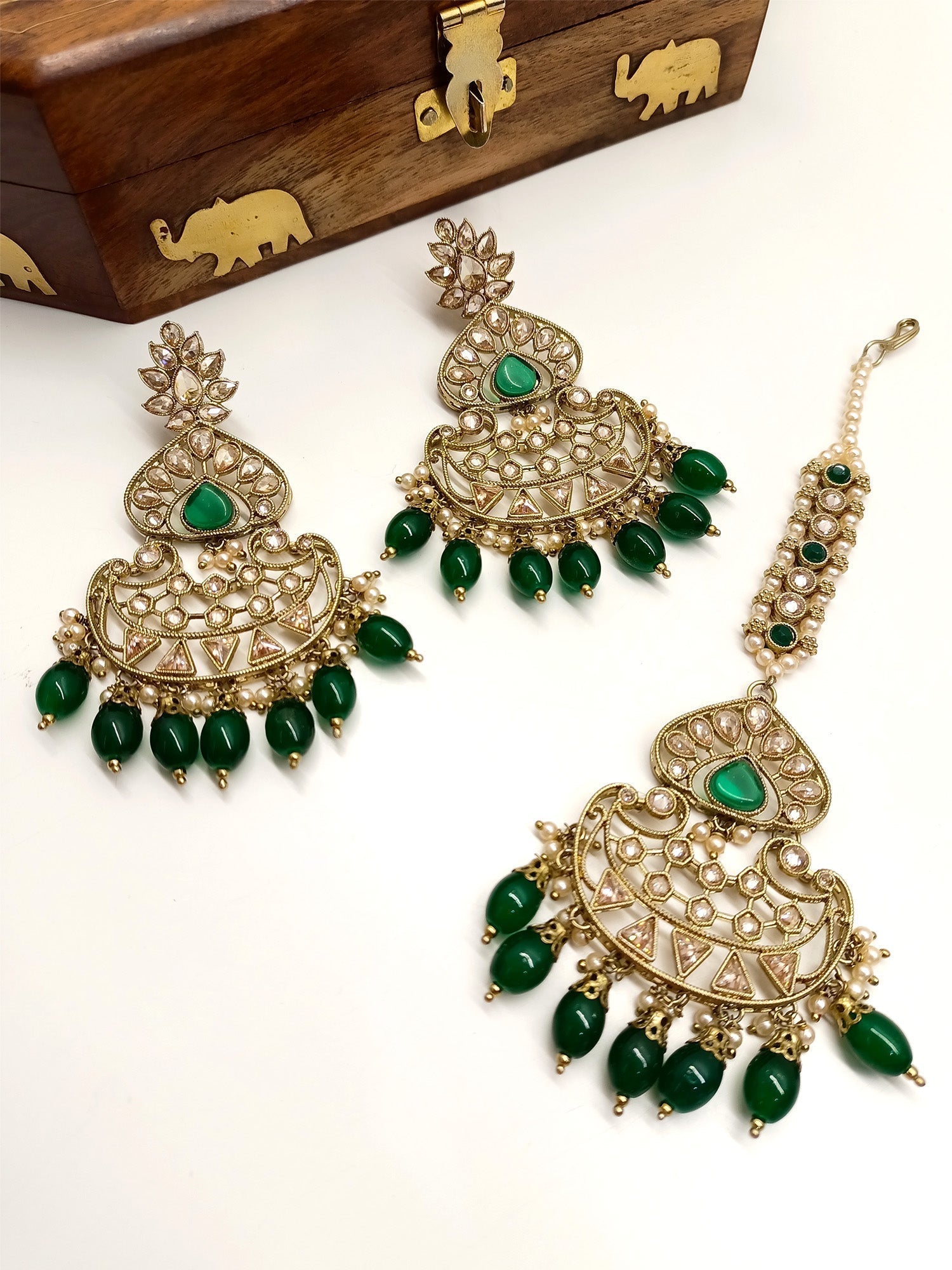 Umrao Green Polki Earrings With Teeka - qivii