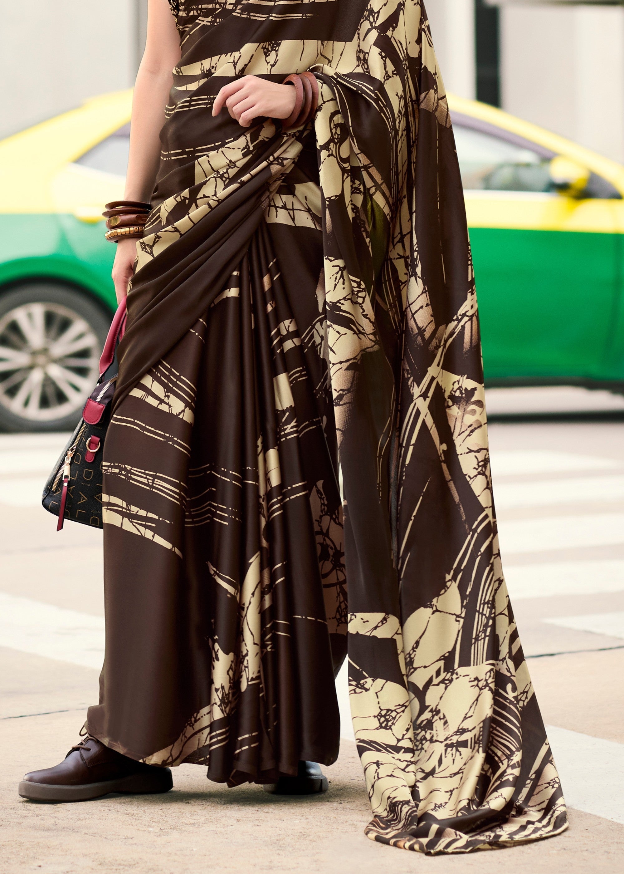 Mocha Brown Printed Satin Silk Saree - qivii