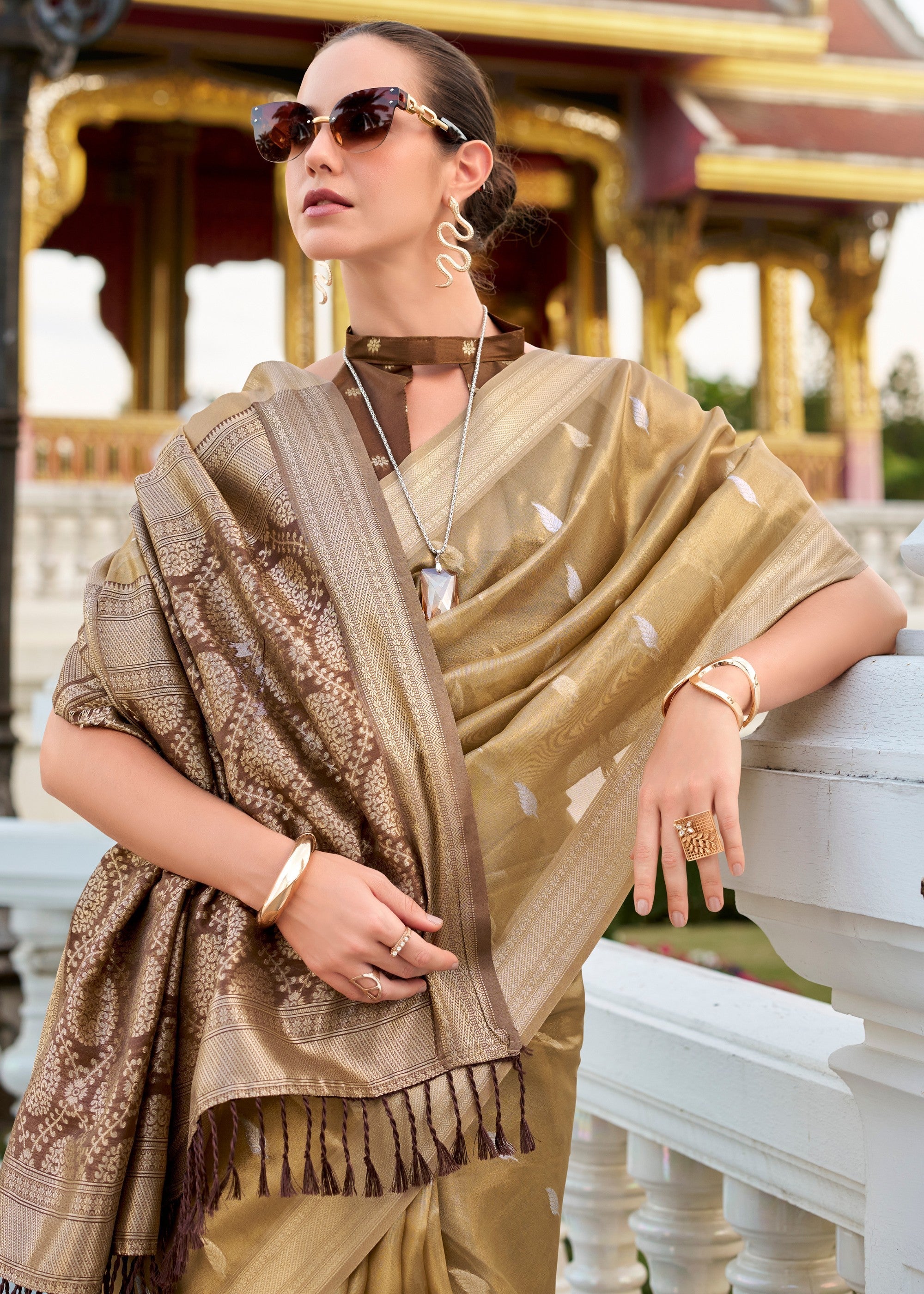Golden Brown Tissue Silk Saree With Zari Weaving And Contrast Blouse - qivii