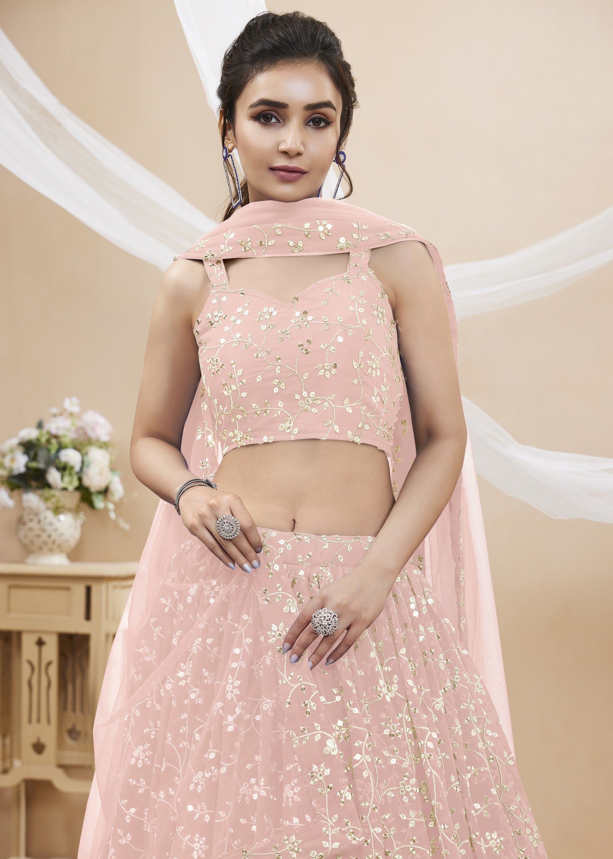 Blush Pink Georgette Lehenga Choli With Sequins Zari Embroidered Work | Ready To Wear - qivii