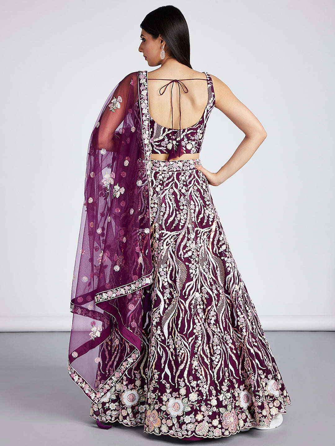 Burgundy - Multi-Sequins & Thread Work Embroidery Net Semi-Stitched Lehenga - qivii