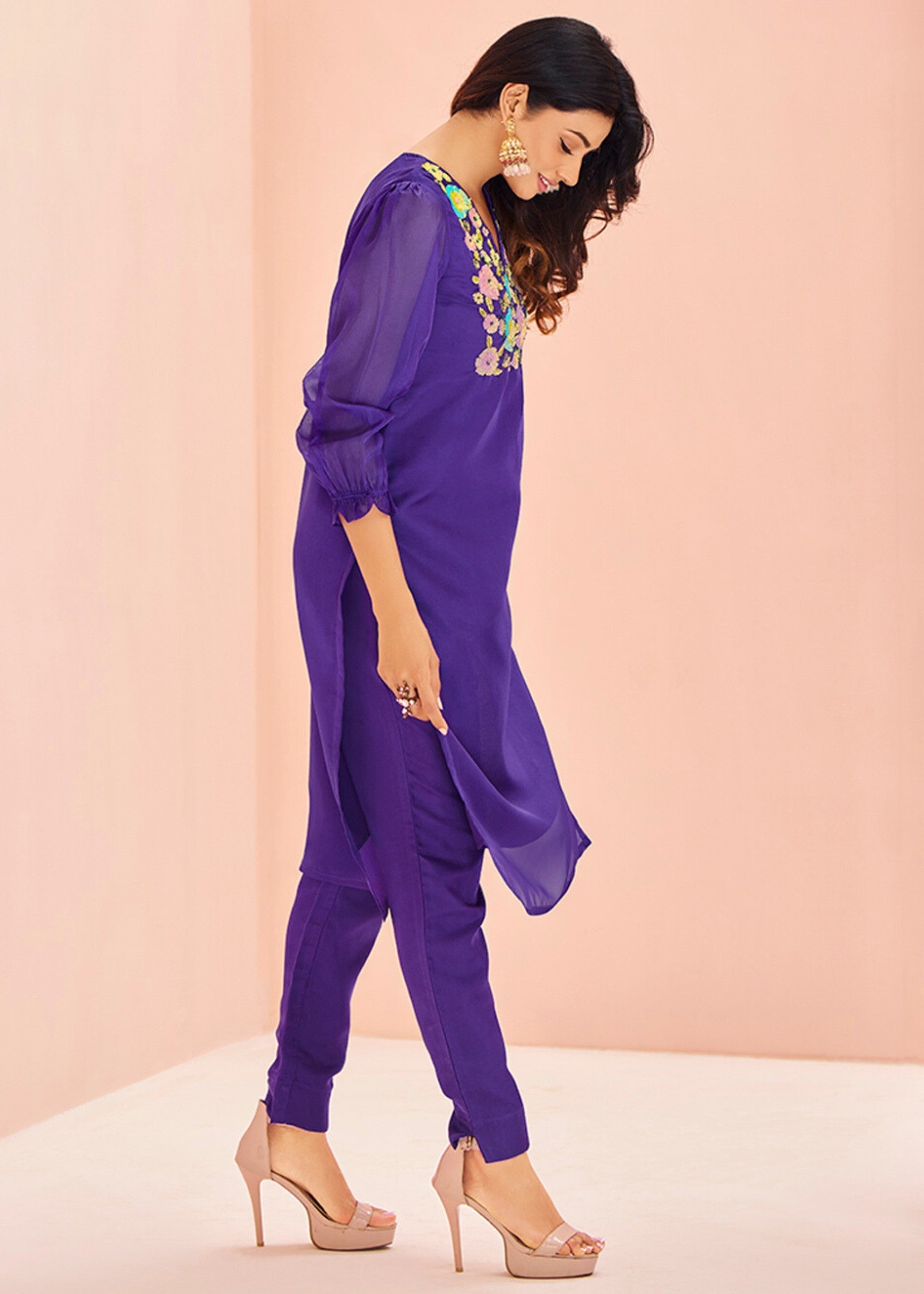 Vibrant Purple Organza Handwork Kurta with Pant - qivii