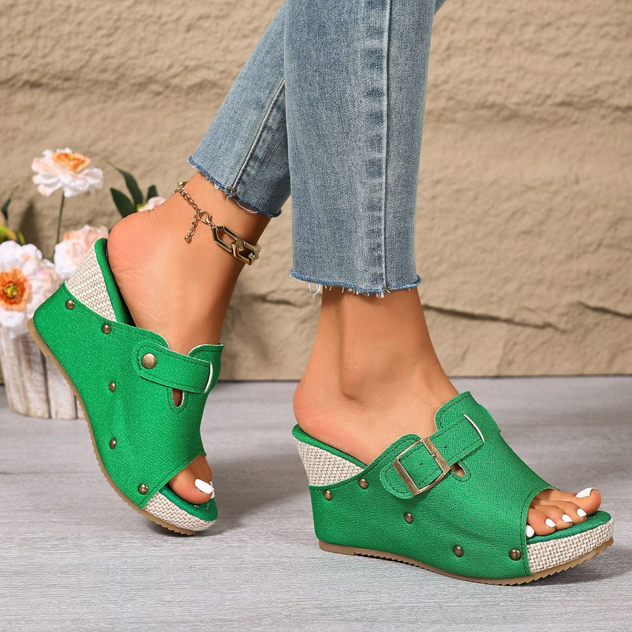 Women’s Sable Rivet Velcro Platform Wedge Sandals – Chunky Studded Slides with Adjustable Strap (US 4–10.5)