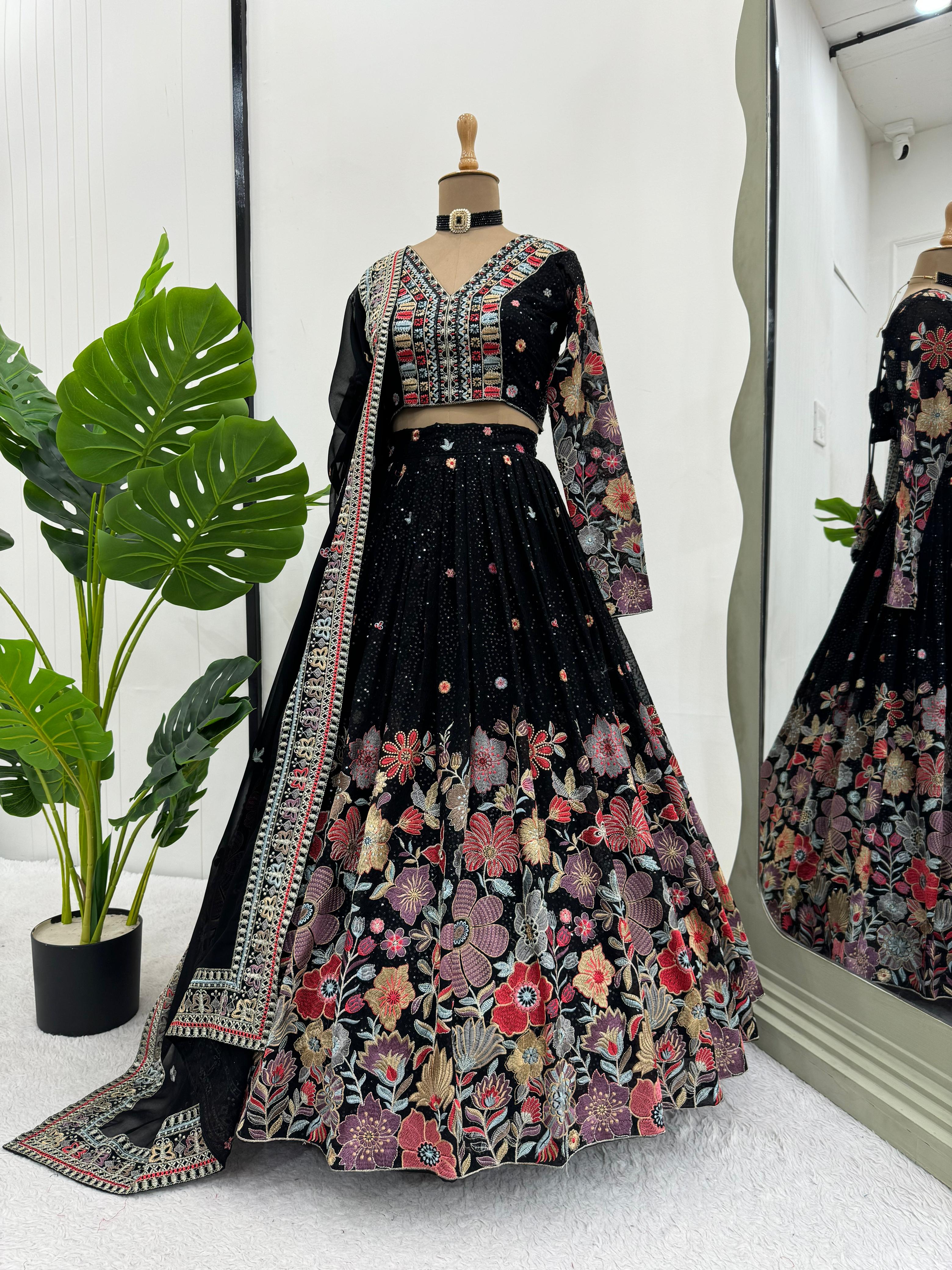 Black Foux gorgette Sequnce with thread Lehenga choli - INSPIRED | Ready To Wear - qivii