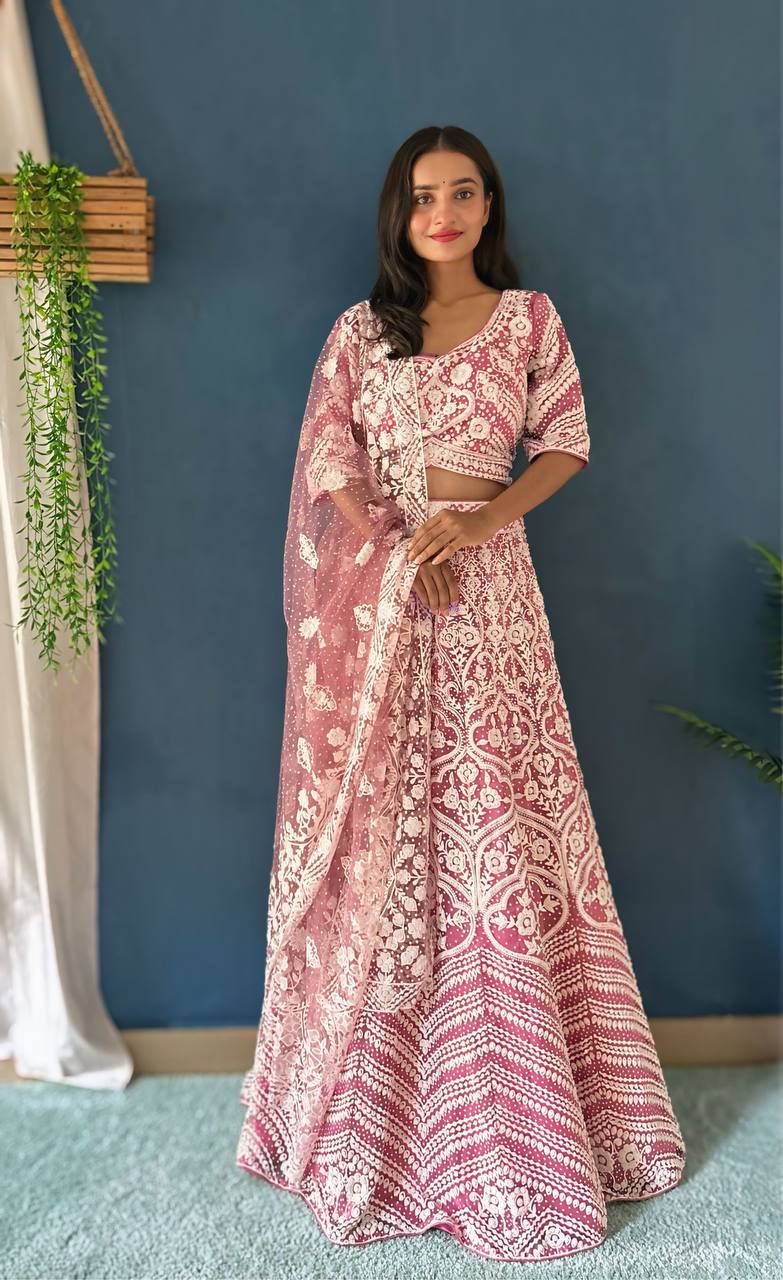 PINK HEAVY NET DESIGNER PURE BITTS PEARL DESIGN WORK LEHENGA - INSPIRED | Ready To Wear - qivii