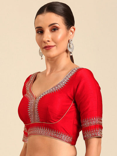 Dark Red-Toned Pure Silk Embroidery Work Readymade Blouse