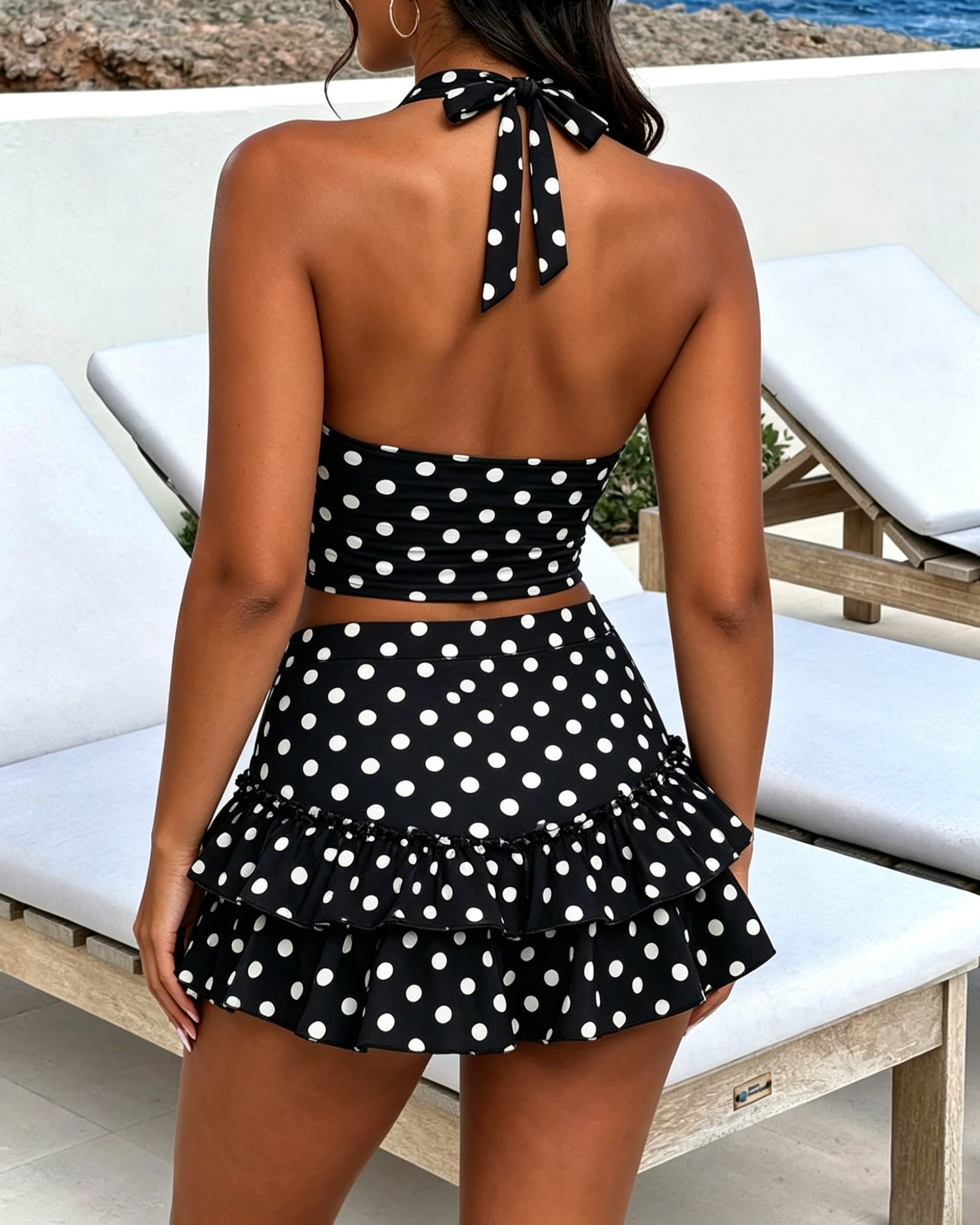 Polka Dot Top and Frill Detail Shorts Two-piece Set - By Qivii