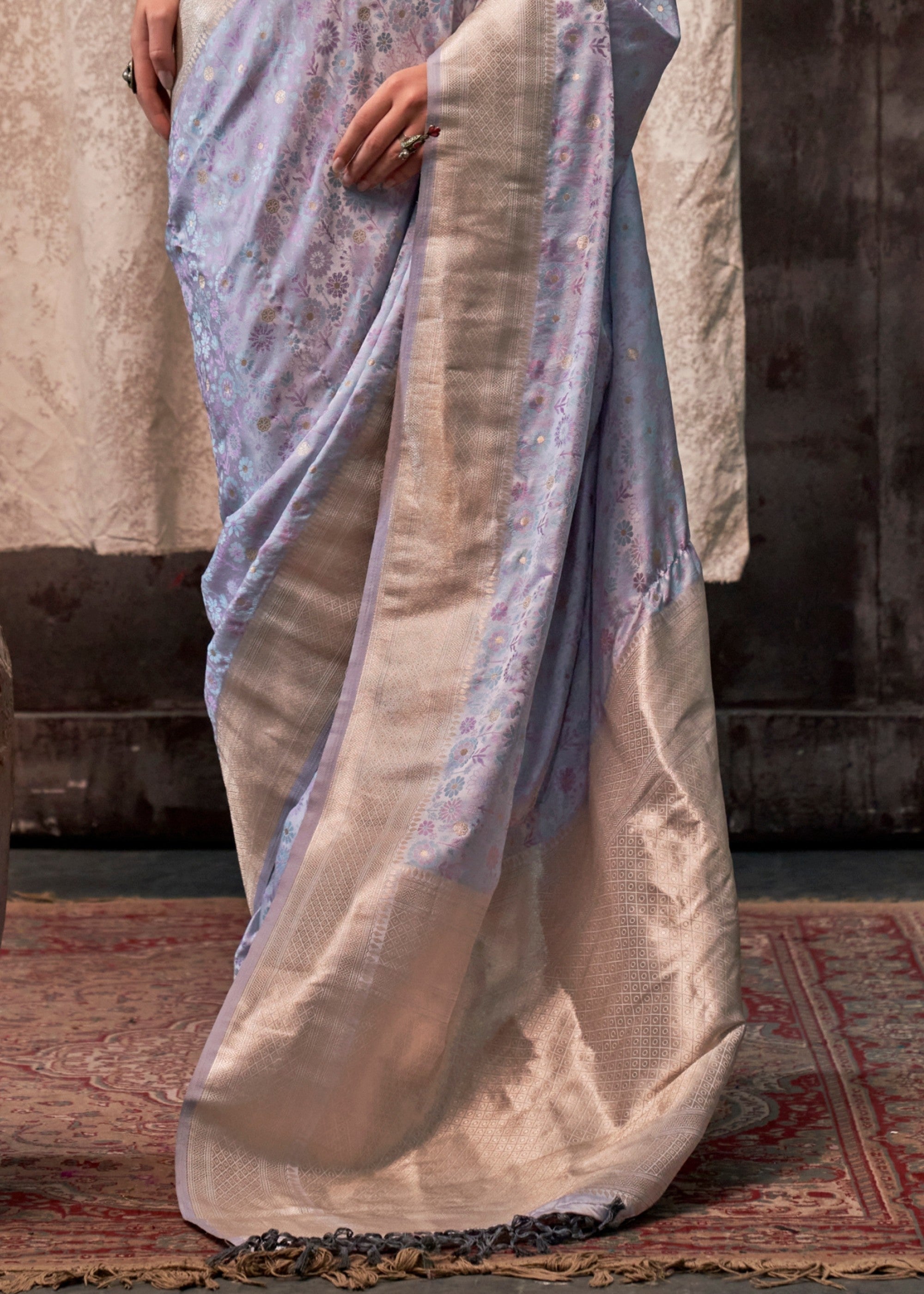 Sky Blue Pure Satin Handloom Weaving Silk Sarees - qivii