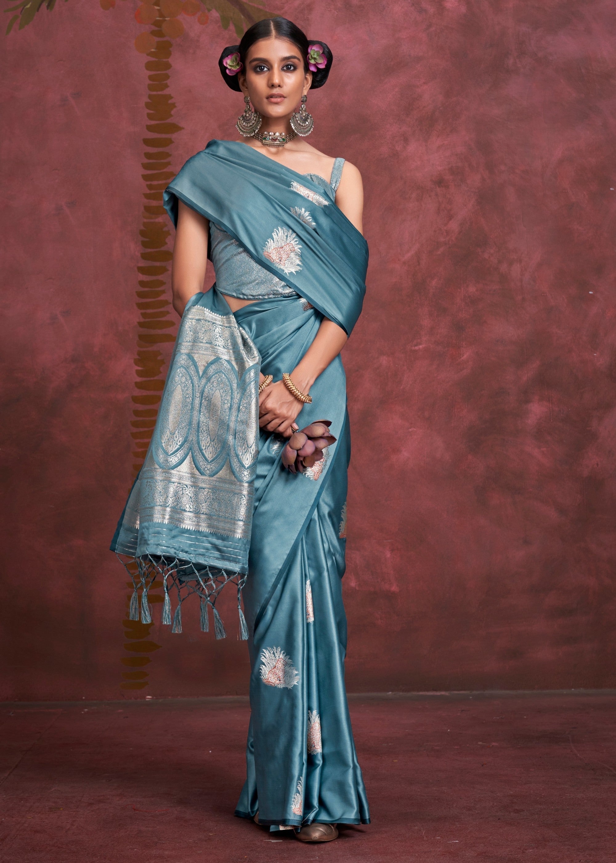Azure Blue Handloom Weaving Satin - Banarasi Zari Saree - qivii