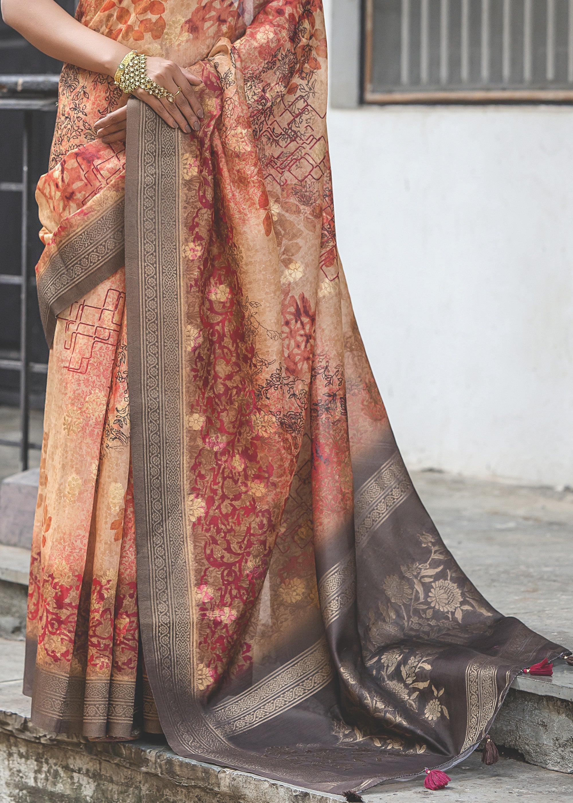 Orange and Grey Woven Silk Saree - qivii