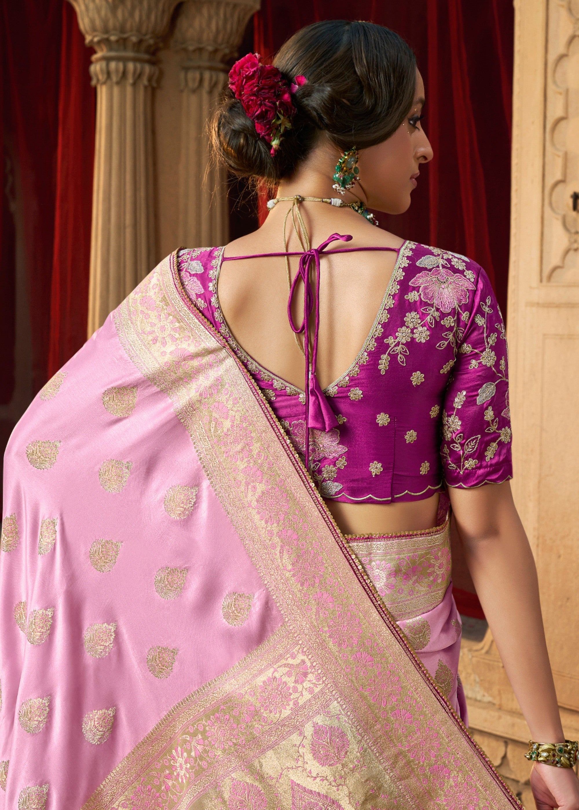 Neon Pink Satin Silk Saree With Beautiful Lace Border And Heavy Designer Embroidered Blouse - qivii