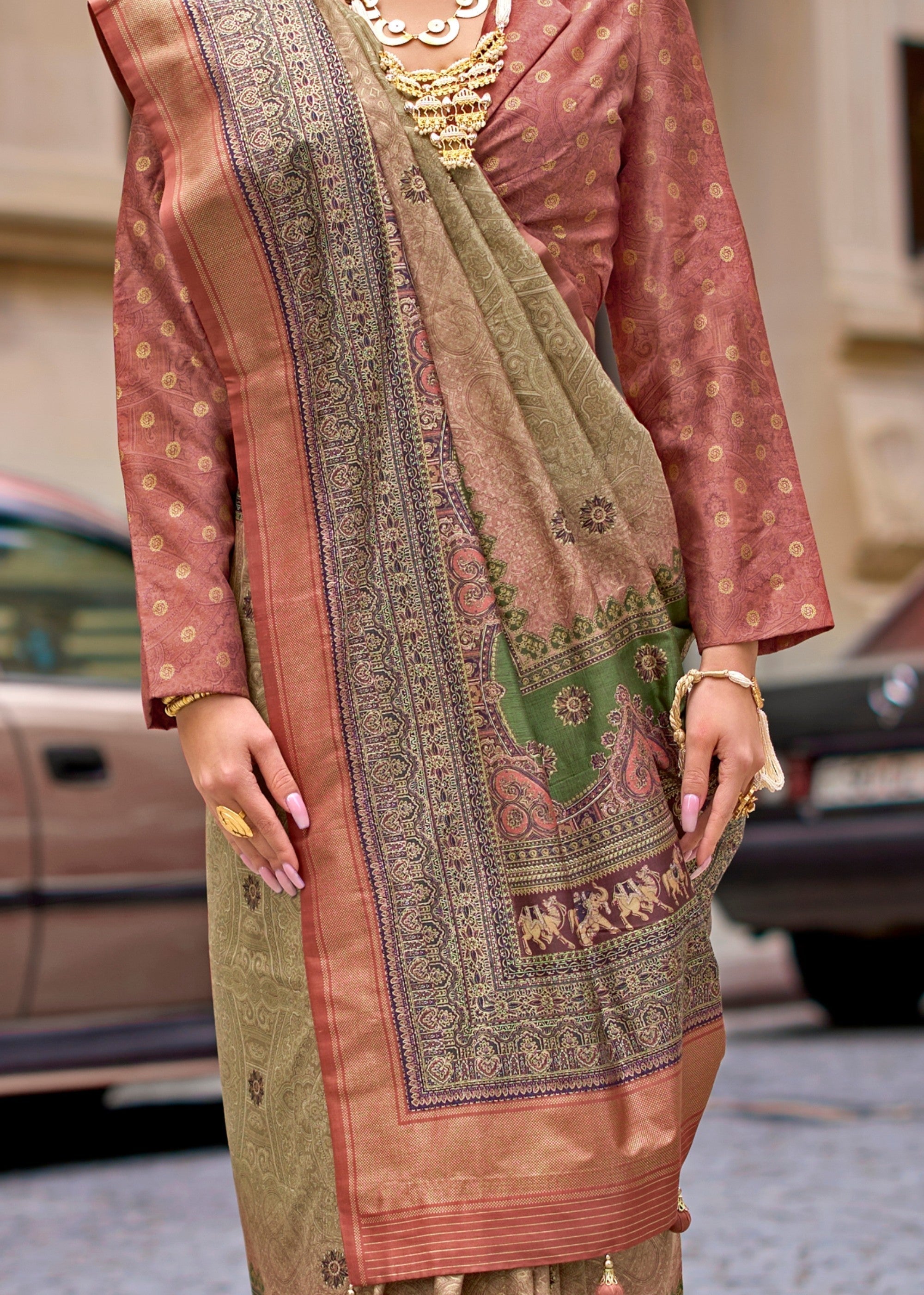 Moss Green Poly Viscose Silk Saree With Foil Print - qivii