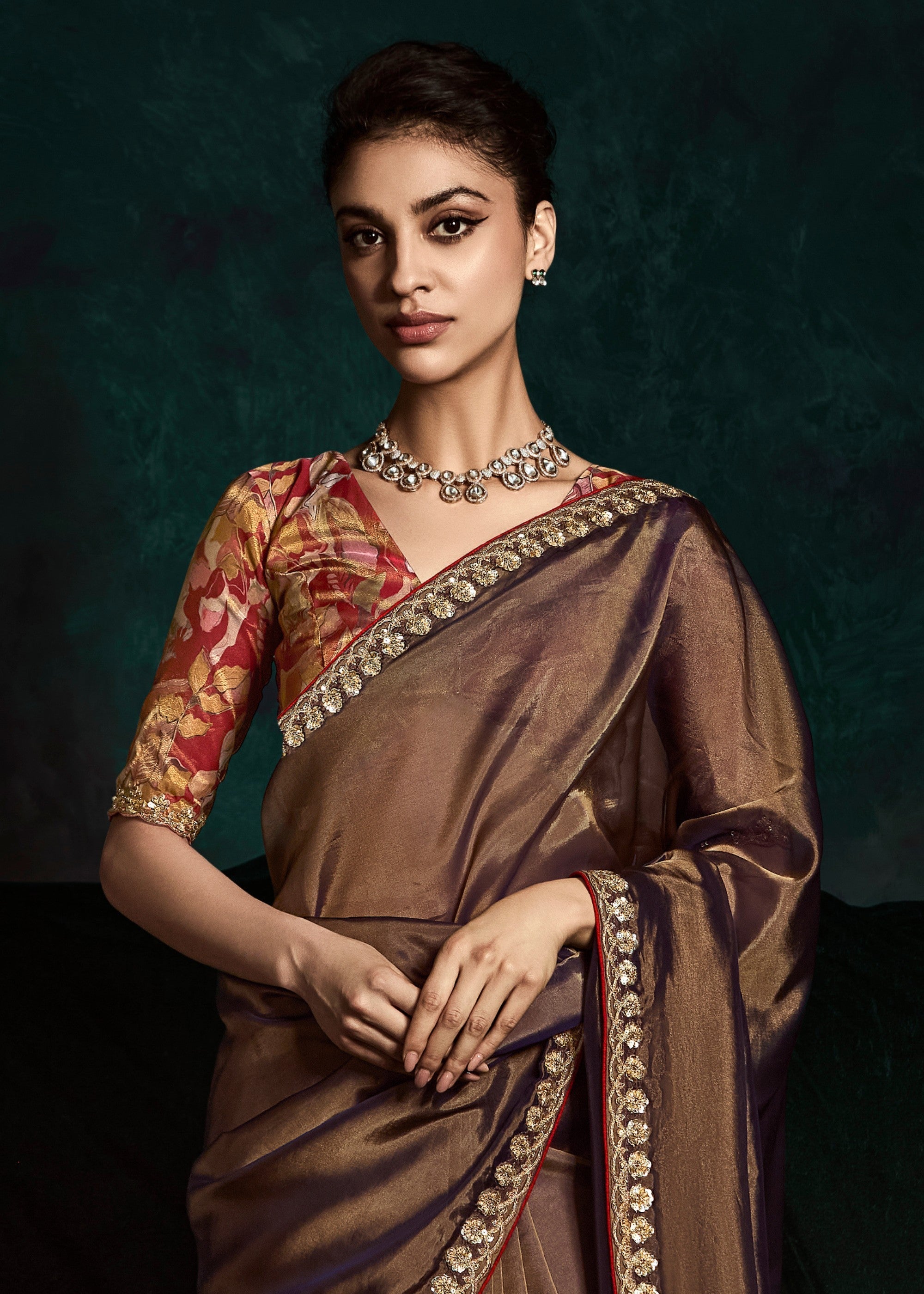 Mocha Brown Fancy Fabric Silk Saree With Sequins And Thread Embroidered Butti Work - qivii