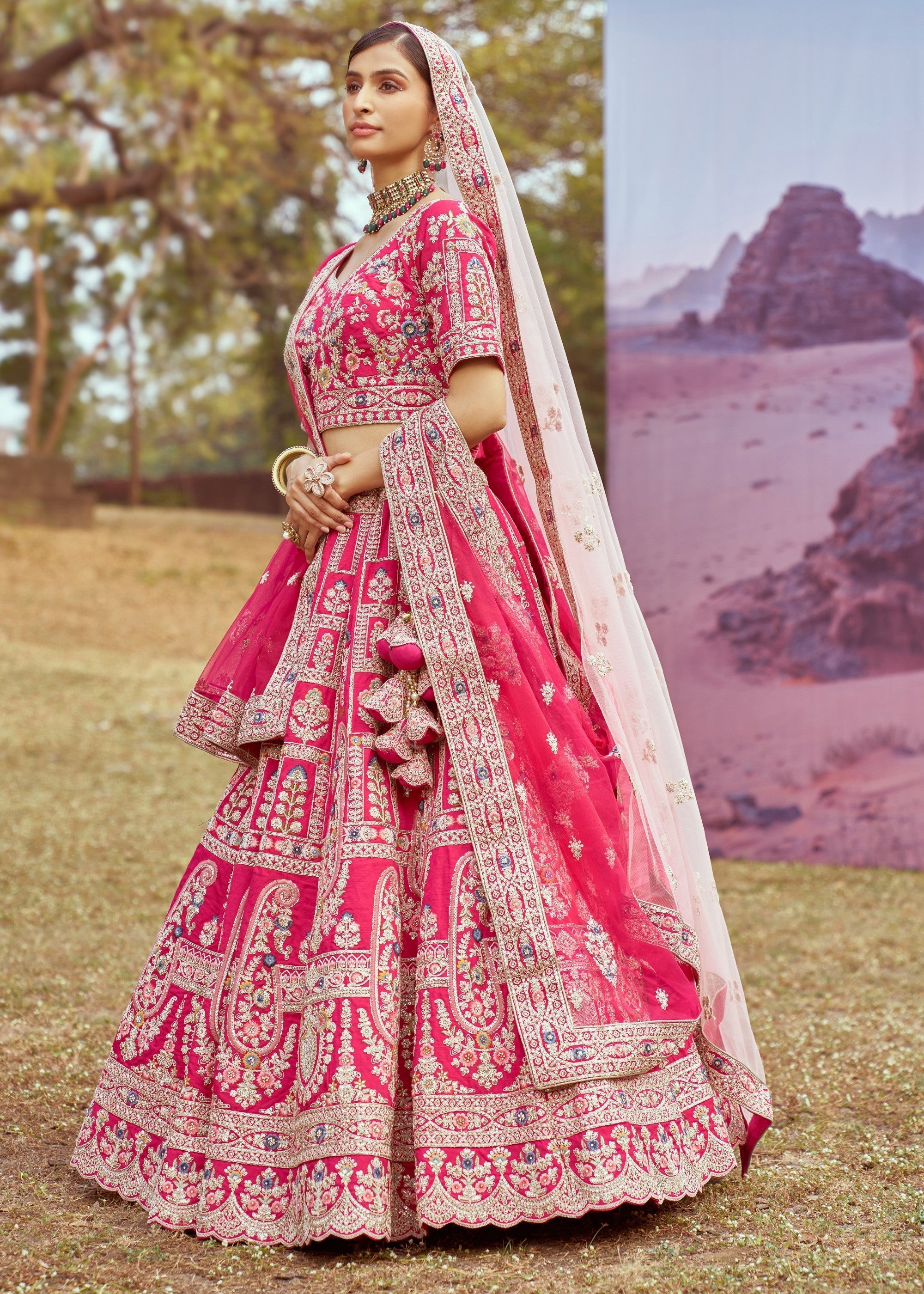Pink Pure silk Moti, Sequins Embroidery Bridal Lehenga | Ready To Wear - qivii