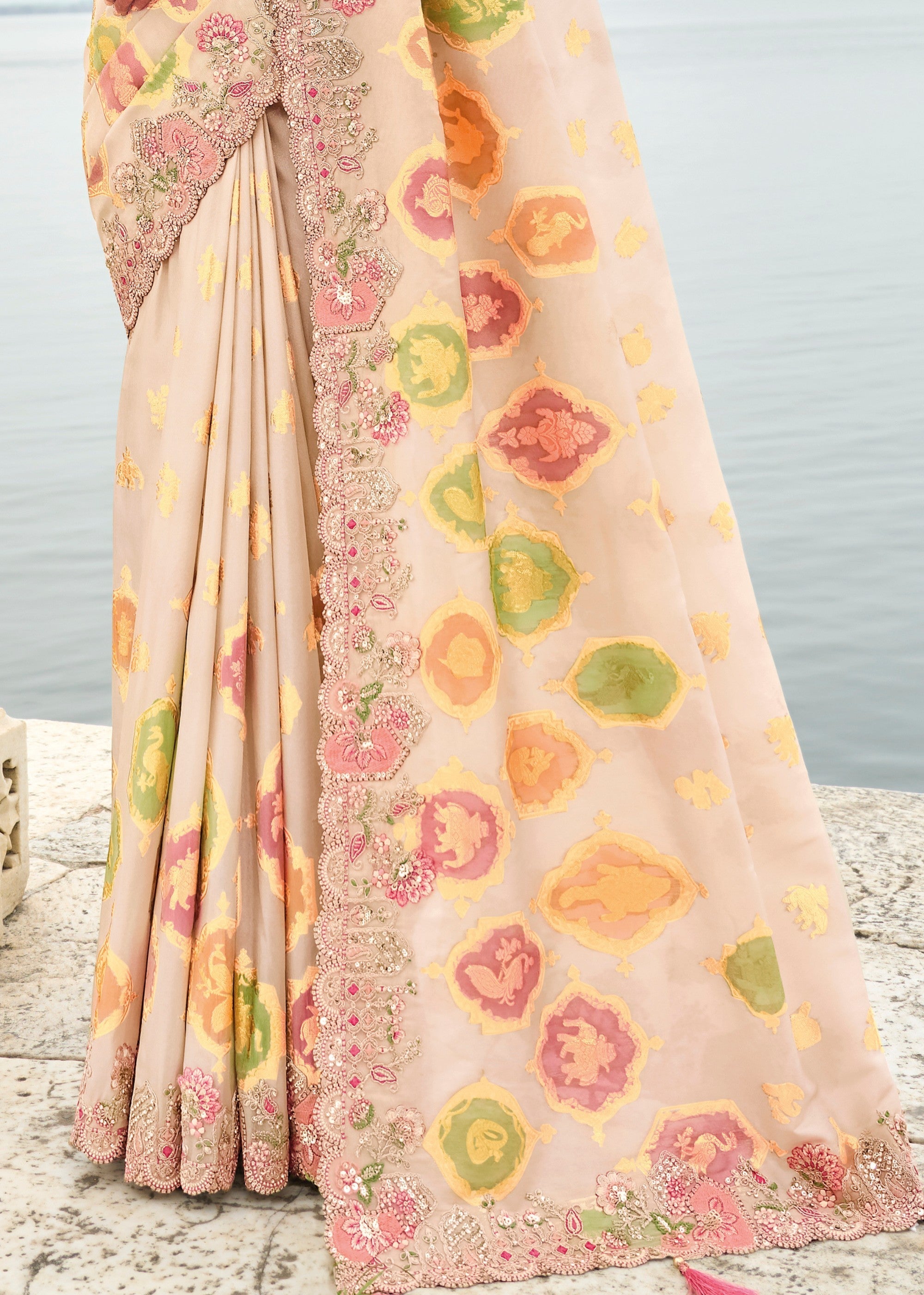 Off White Viscose Tissue Silk Saree With Embroidery Cut Work Border And Sequence Work - qivii