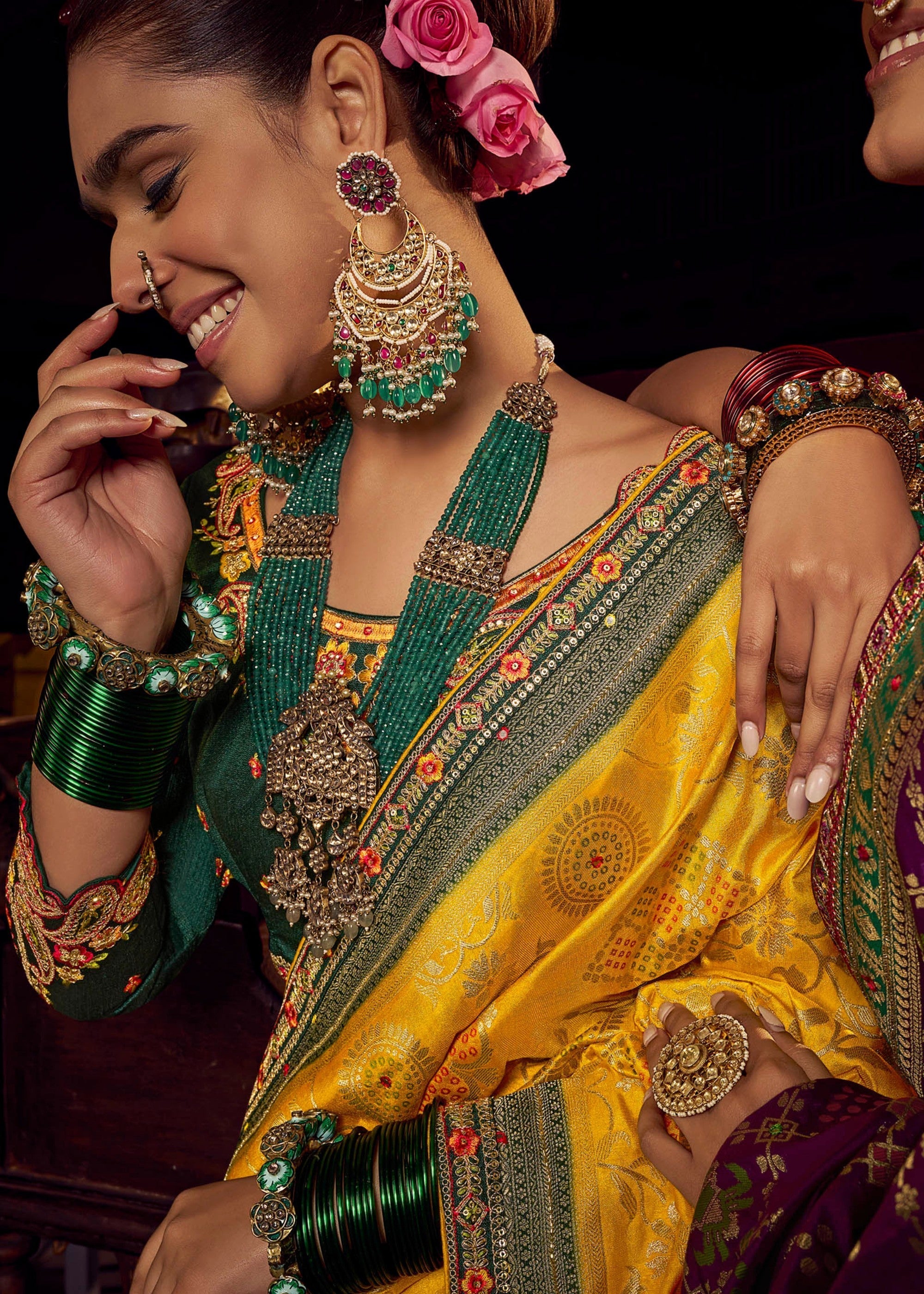 Mustard Yellow Pure Viscose Dola Silk Saree With Handwork On Blouse And Pallu - qivii