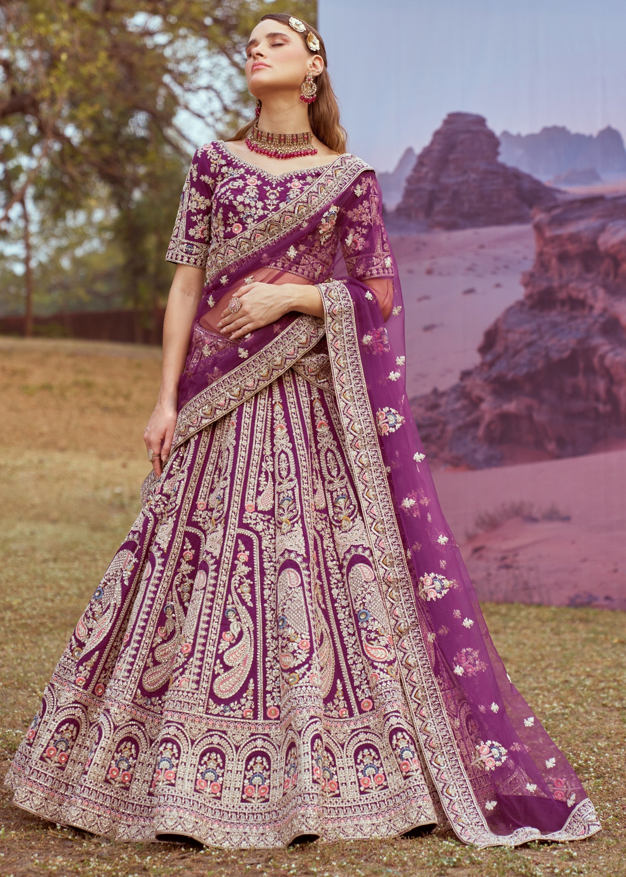 Dark Purple Pure silk Moti, Coding embroidery Bridal Lehenga | Ready To Wear - qivii