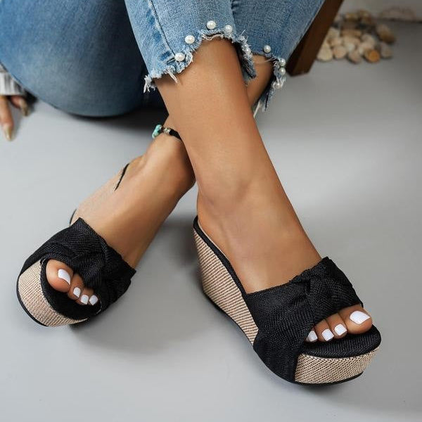 Women's Celeste Bow Peep-Toe Wedge Slide Sandals - Elegant Roman Summer Slides (US 4-10.5)