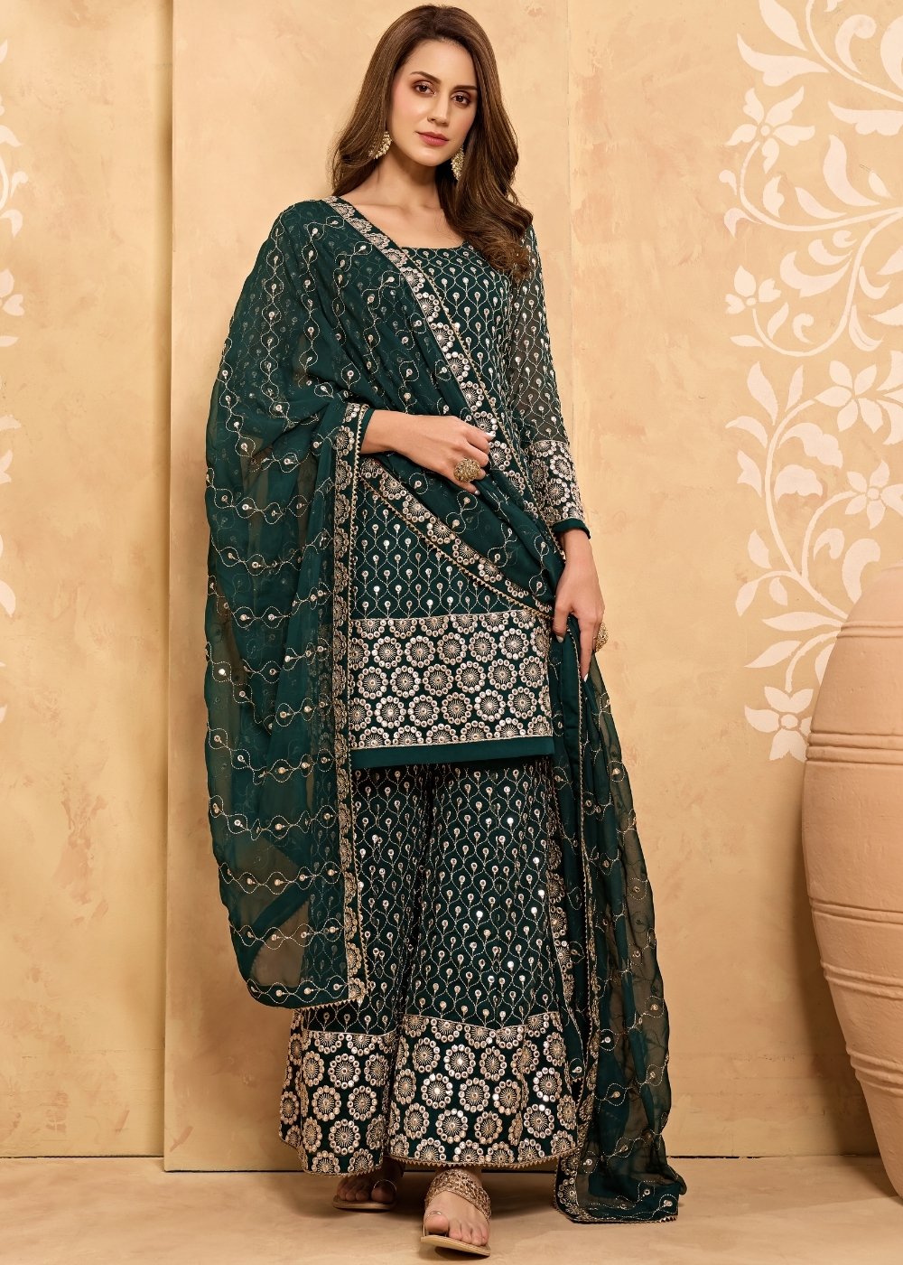 Sacramento Green Georgette Metti with Zari work Sharara Suit - qivii