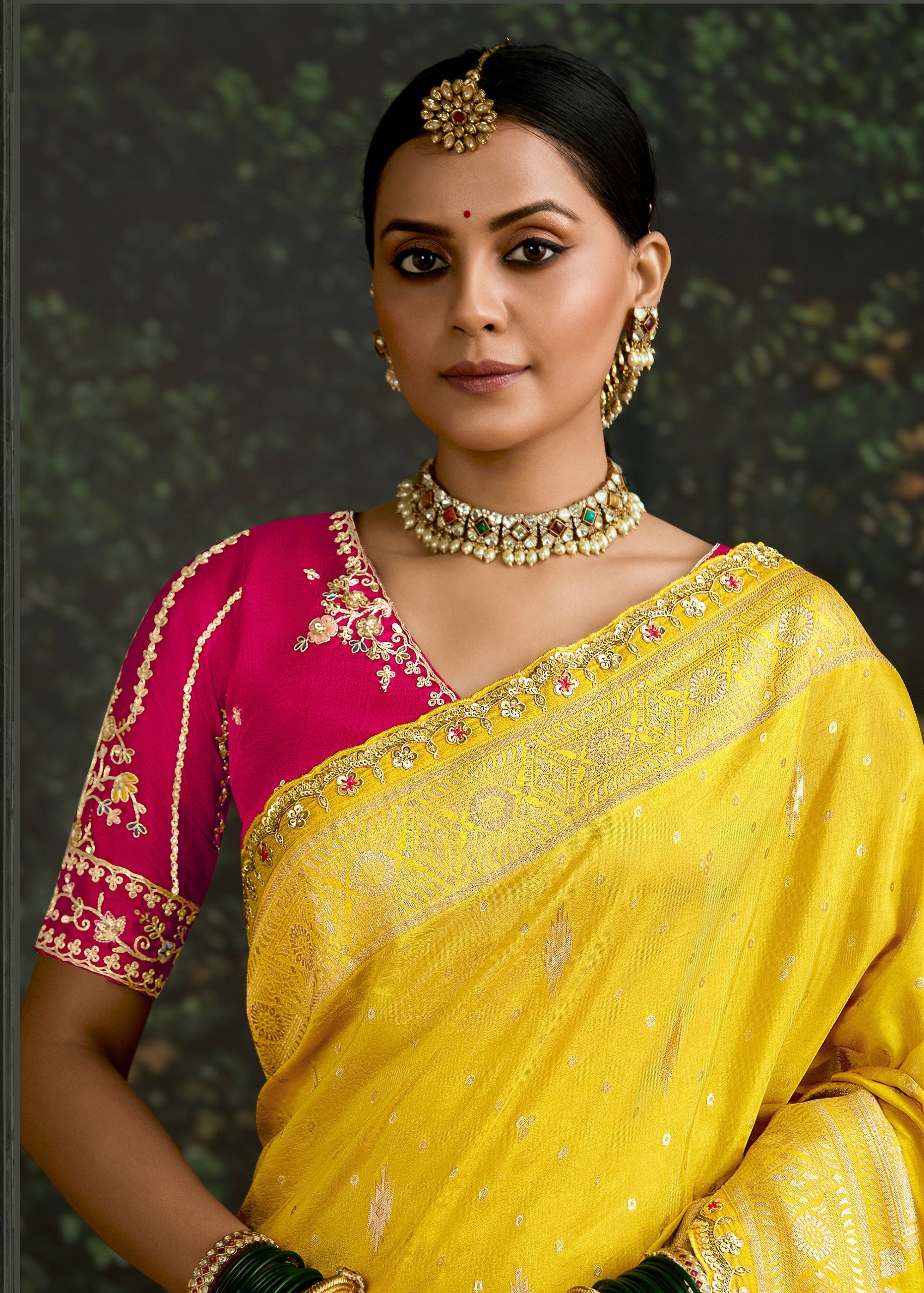 Yellow and Meganta Viscose silk Saree with Zari work - qivii