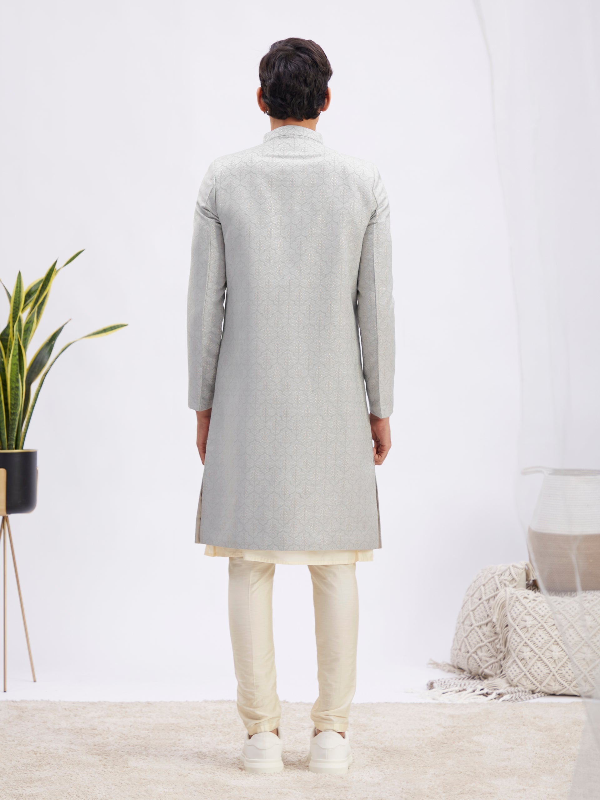 Men's Grey Jaccard Sherwani With Cream Kurta Pant Set