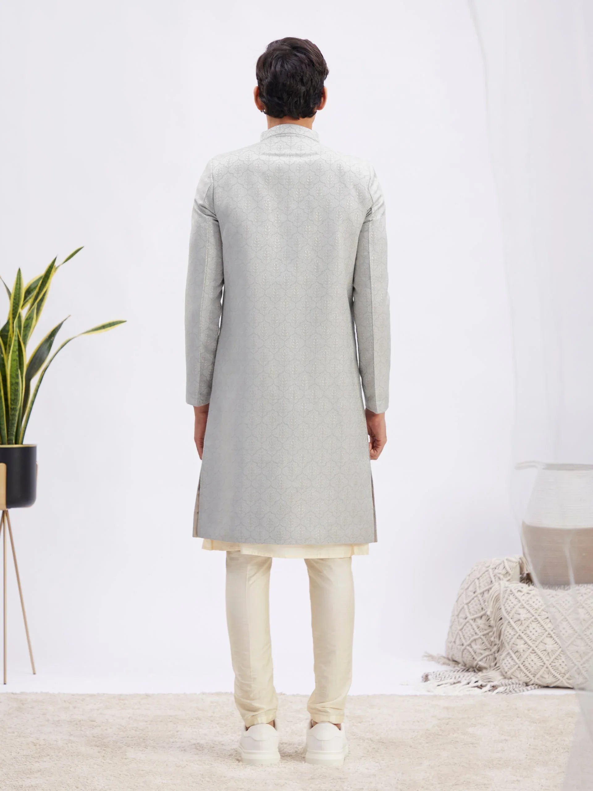 Men's Grey Jaccard Sherwani With Cream Kurta Pant Set
