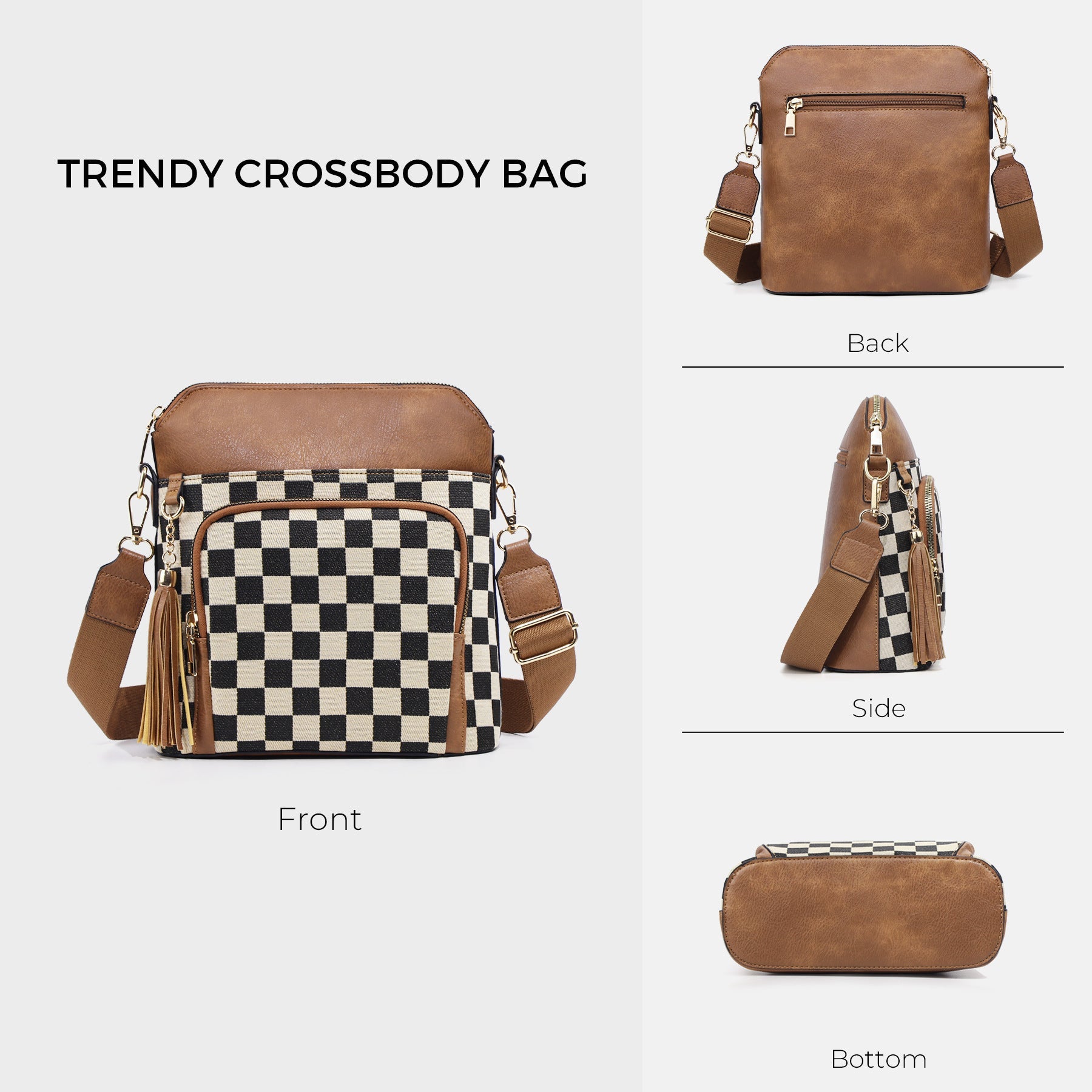 Ounamei Checkered Crossbody Bag in PU Leather & Canvas | Lightweight Shoulder Bag for Women