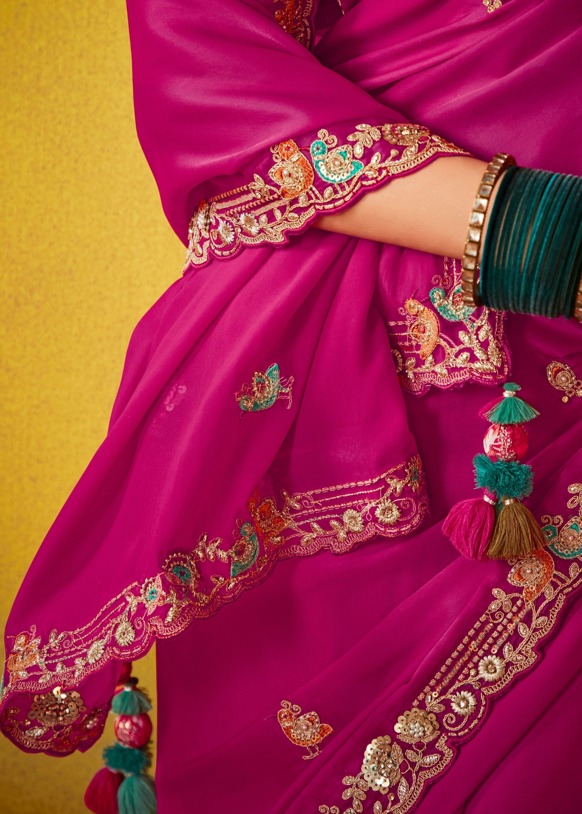 Barbie Pink Glass Tissue Silk Saree With Sequins And Thread Embroidered Work - qivii