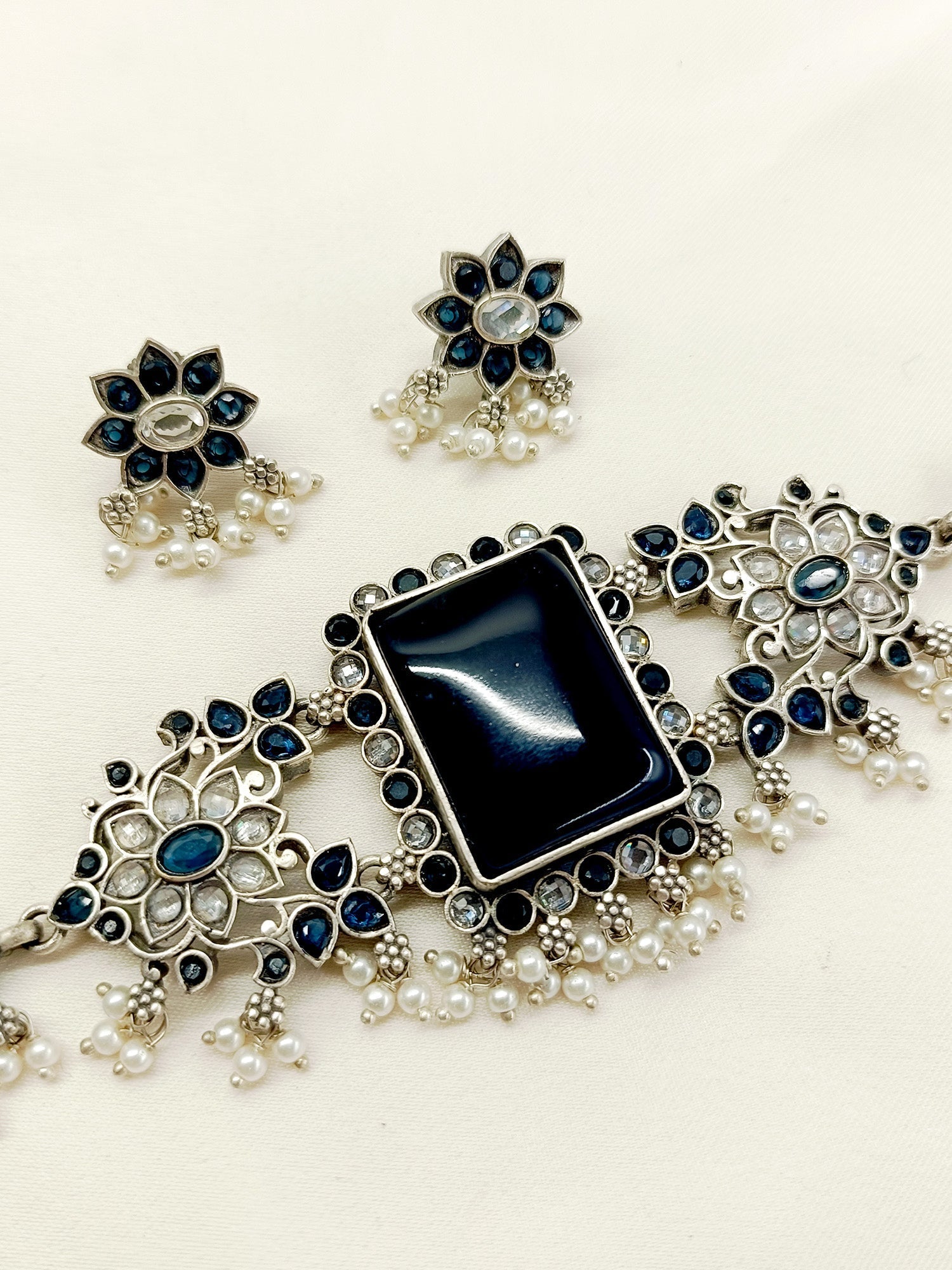 Sharvya Navy Blue Oxidized Choker Set - qivii